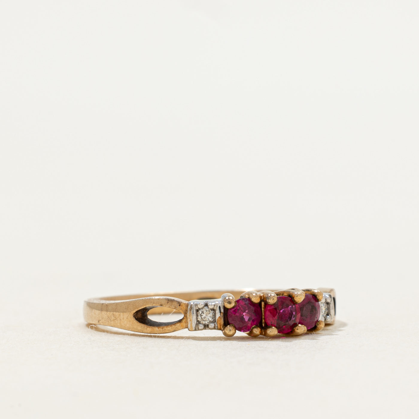 Three Stone Synthetic Ruby & Diamond Ring | SZ 6.5