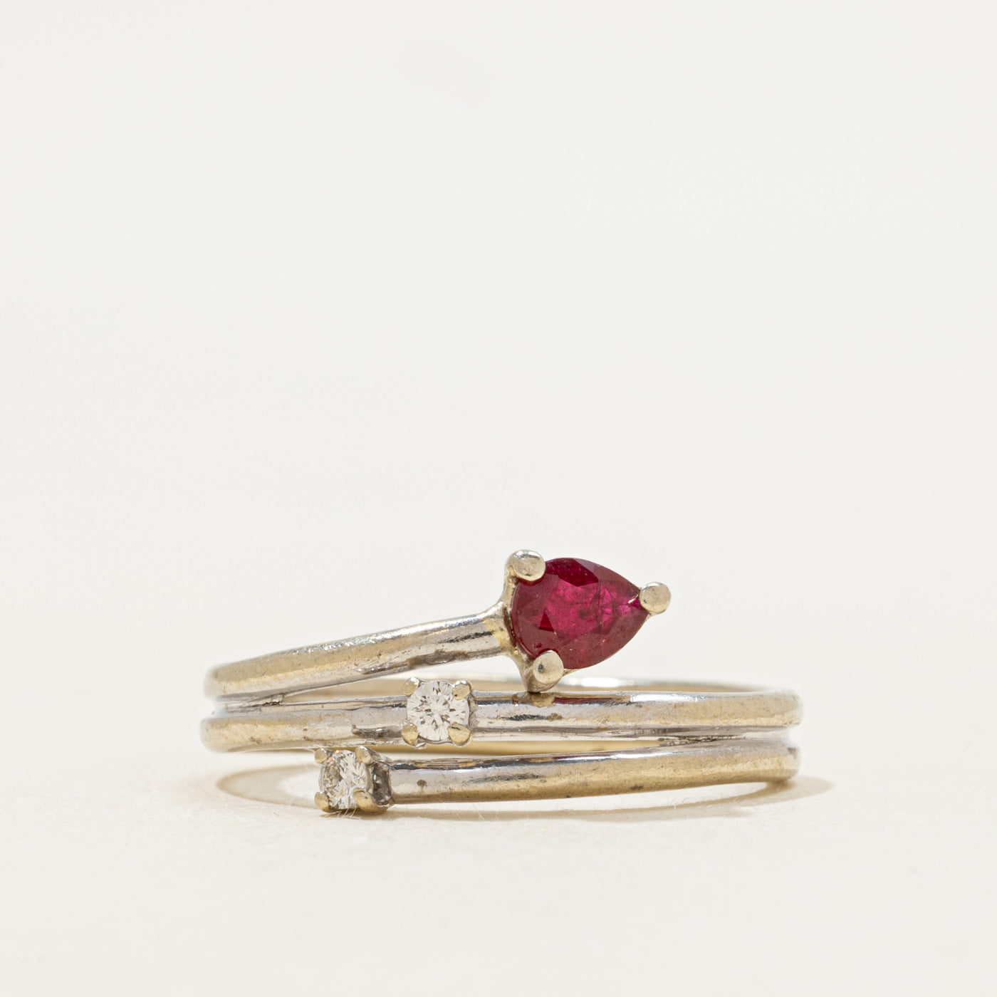 Pear Cut Ruby & Diamond Bypass Ring | SZ 6.75