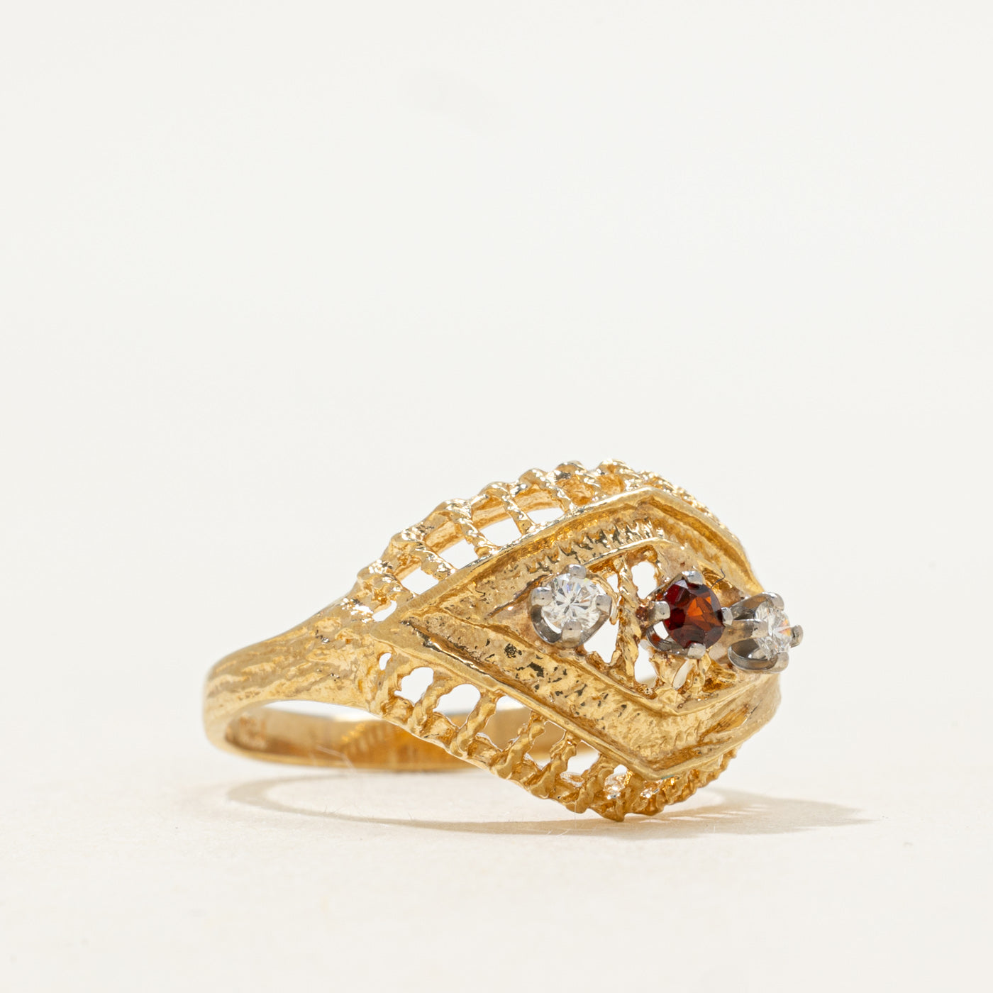 Three Stone Ruby & Diamond Textured Ring | SZ 6.25