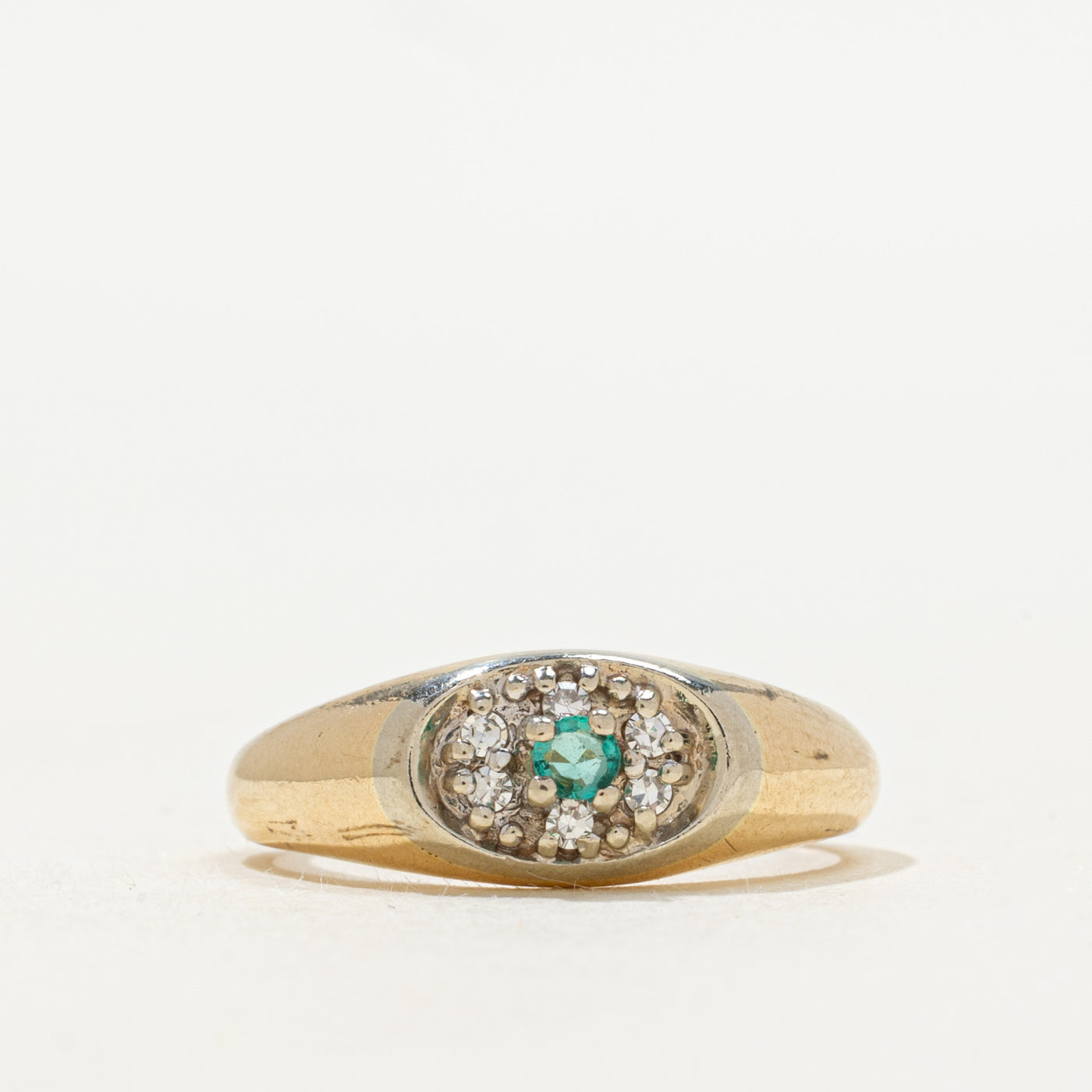 Two Tone Emerald & Diamond Oval Cluster Ring | SZ 5.75