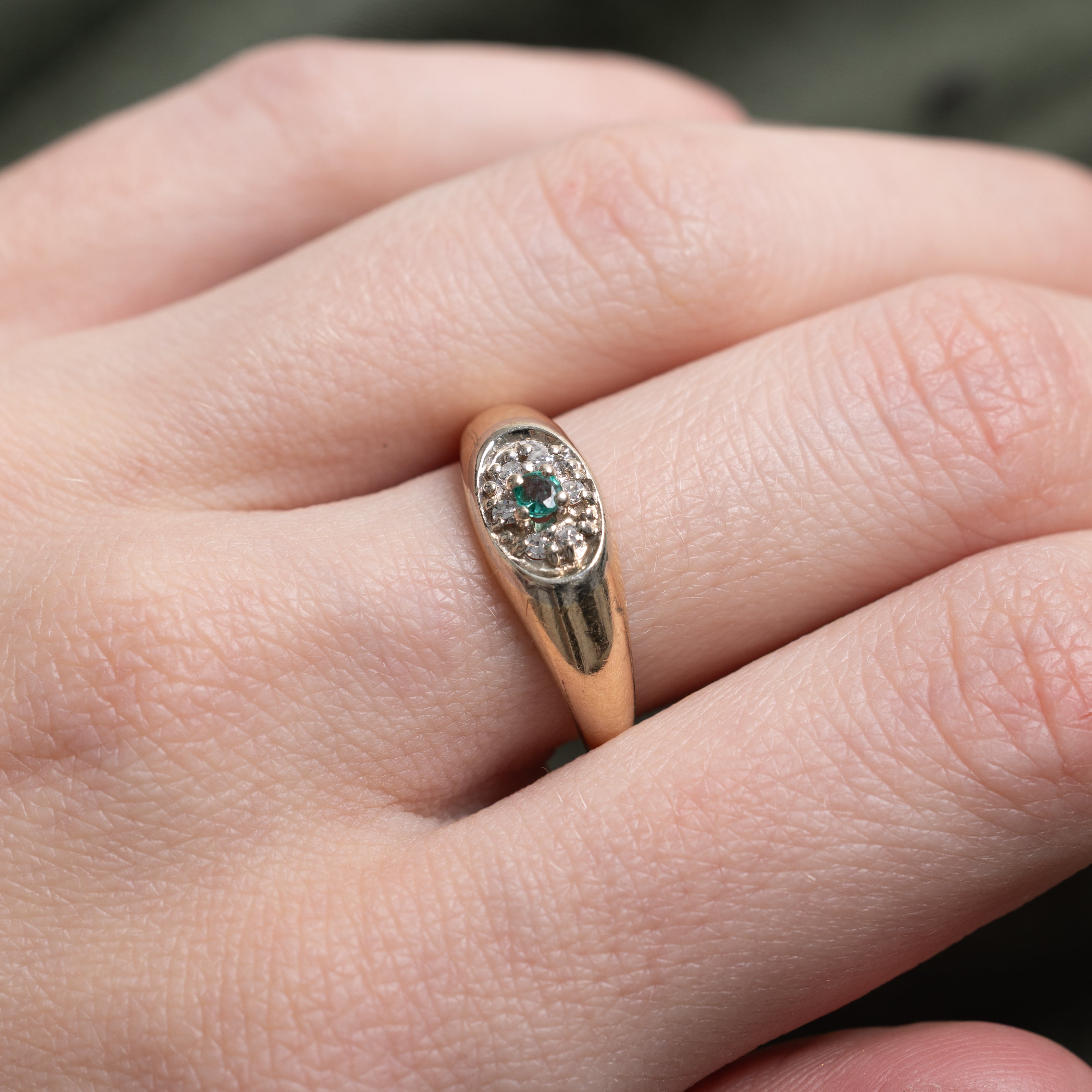 Two Tone Emerald & Diamond Oval Cluster Ring | SZ 5.75