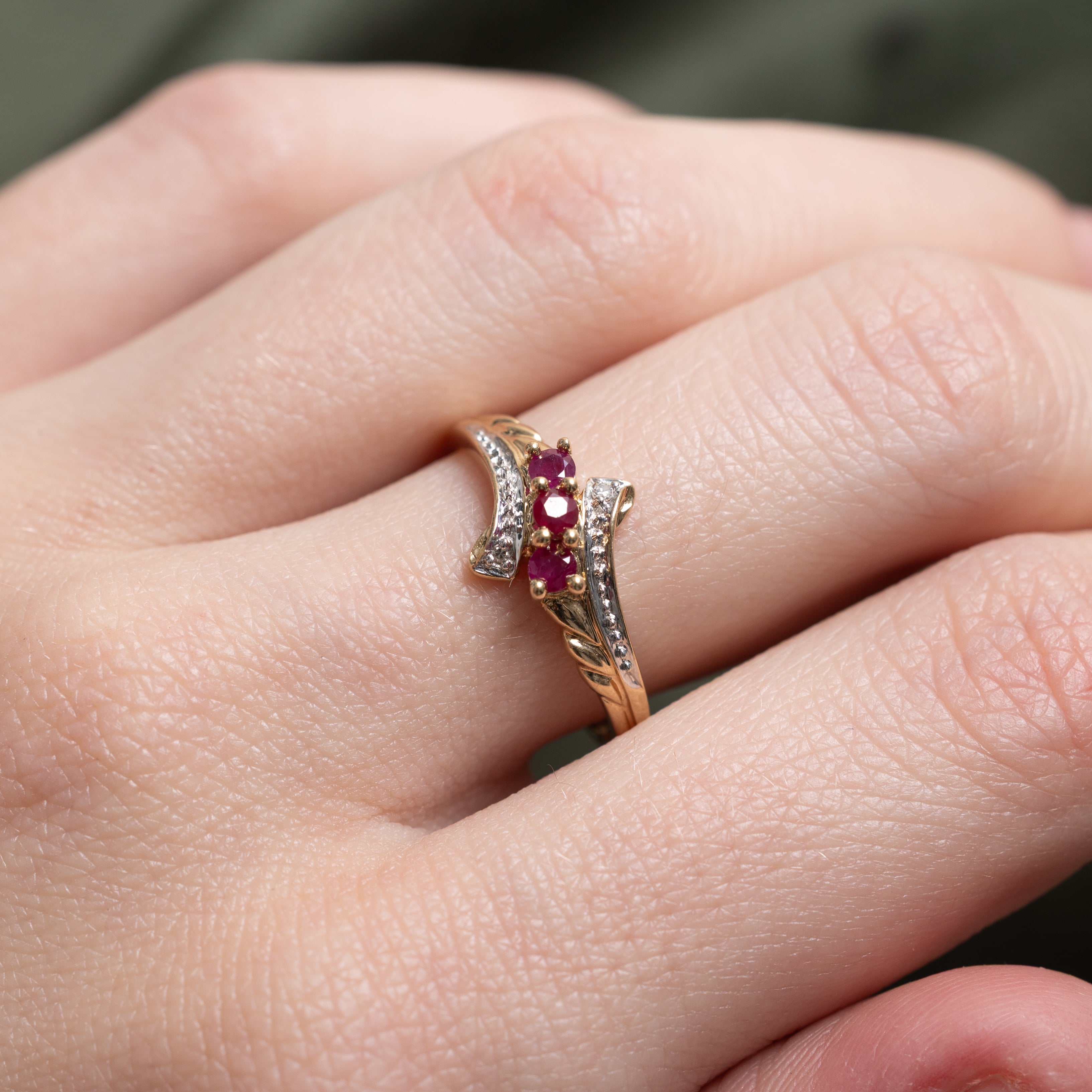 Three Stone Ruby & Diamond Bypass Ring | SZ 7