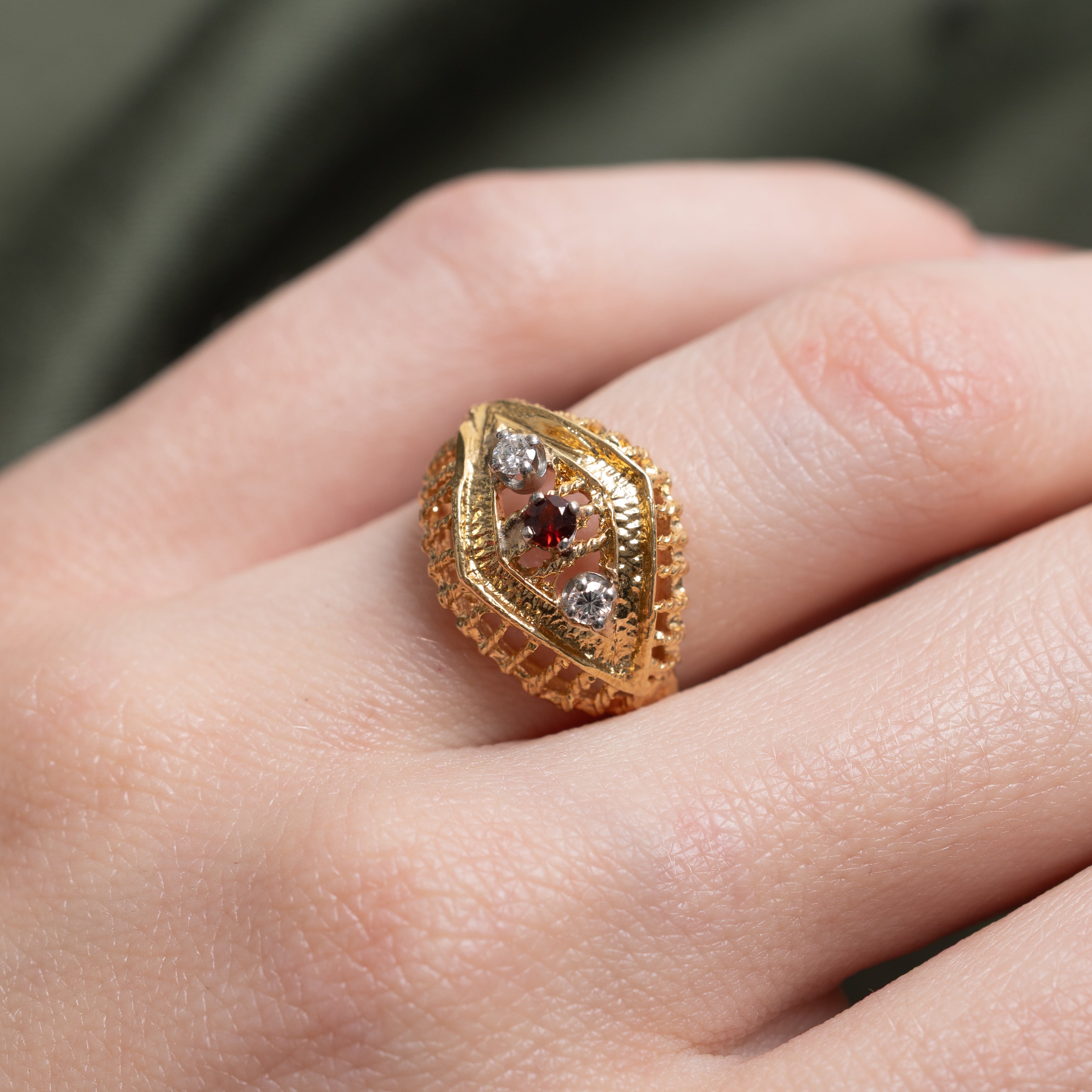 Three Stone Ruby & Diamond Textured Ring | SZ 6.25