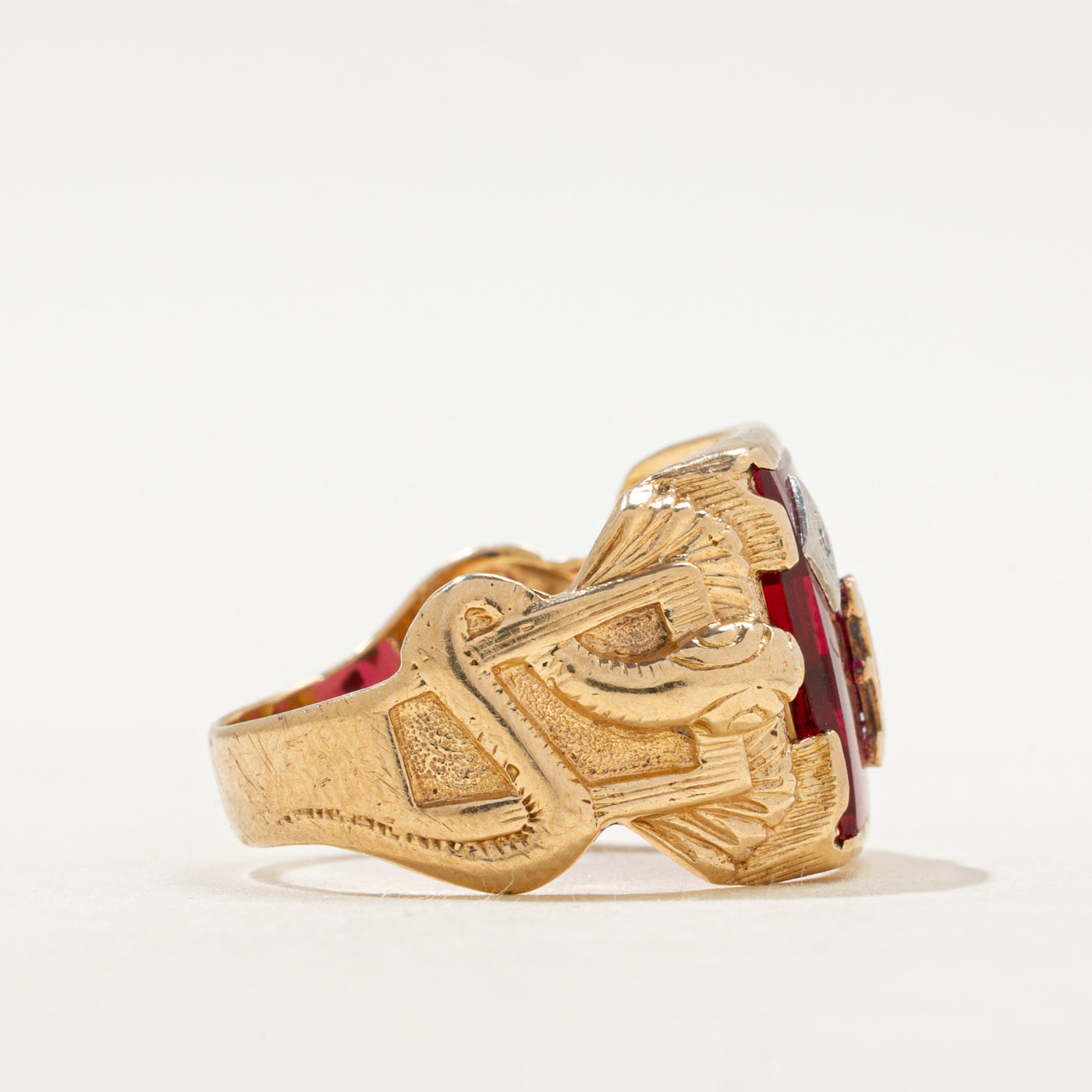 Synthetic Ruby & Diamond "L" Initial Signet Snake Ring | SZ 10.5