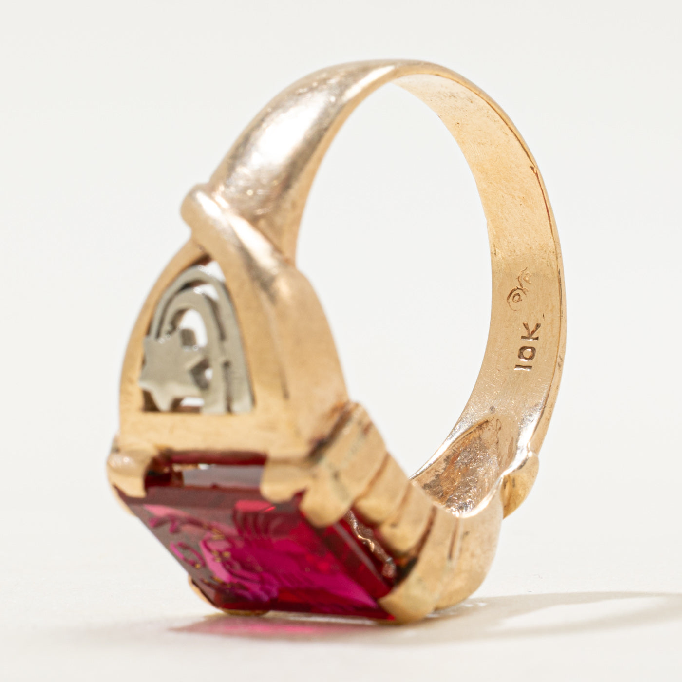 Two Tone Synthetic Ruby Lobster Intaglio Ring | SZ 10.5