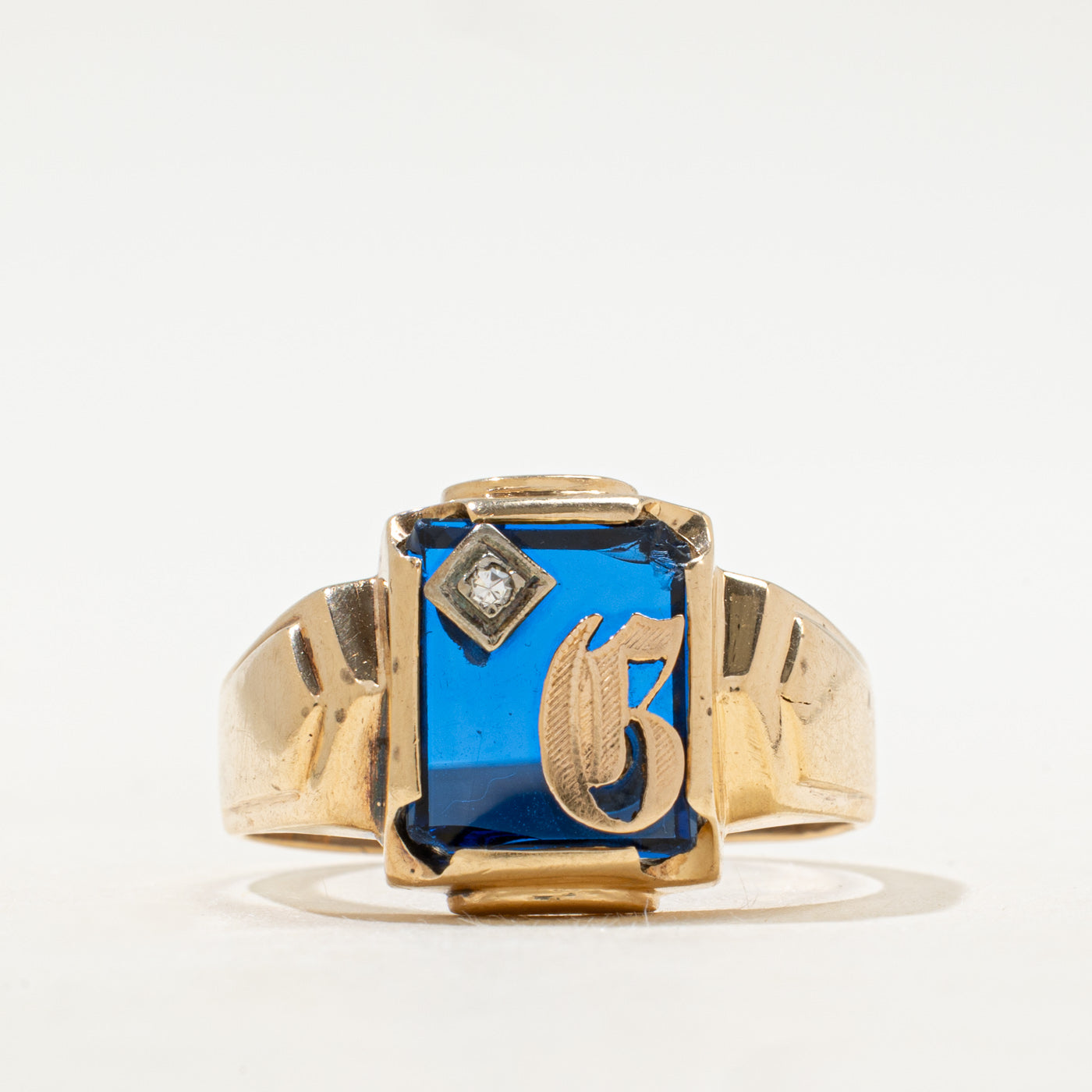Synthetic Sapphire & Natural Diamond "B" Initial Signet Ring | SZ 11.75