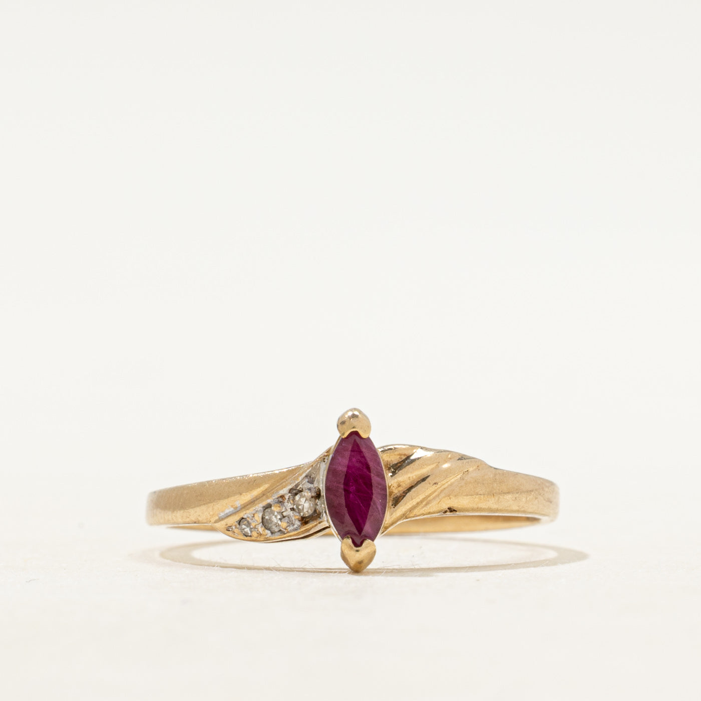 Marquise Cut Synthetic Ruby & Natural Diamond Grooved Ring | SZ 7.5