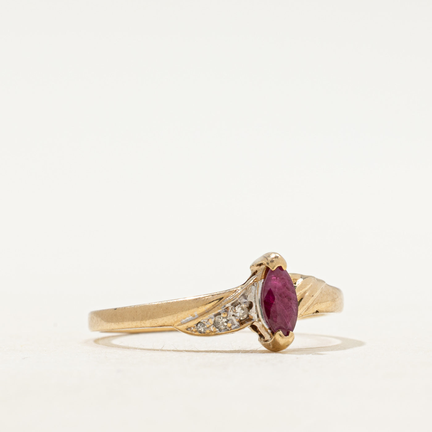 Marquise Cut Synthetic Ruby & Natural Diamond Grooved Ring | SZ 7.5