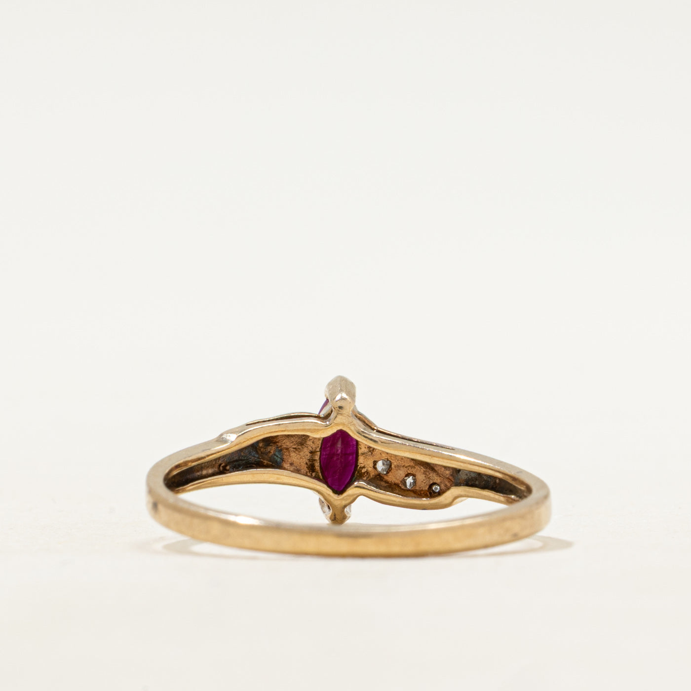 Marquise Cut Synthetic Ruby & Natural Diamond Grooved Ring | SZ 7.5