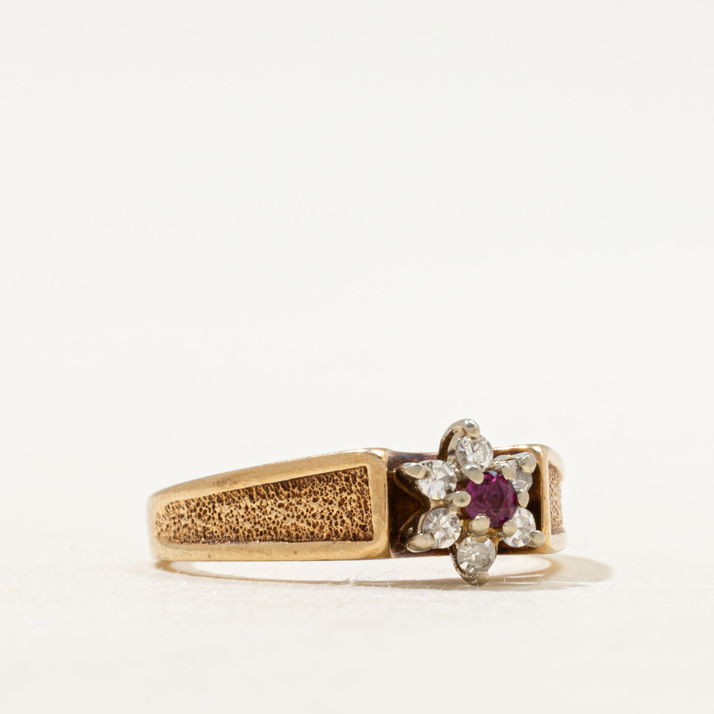 Ruby & Diamond Petal Textured Ring | SZ 6