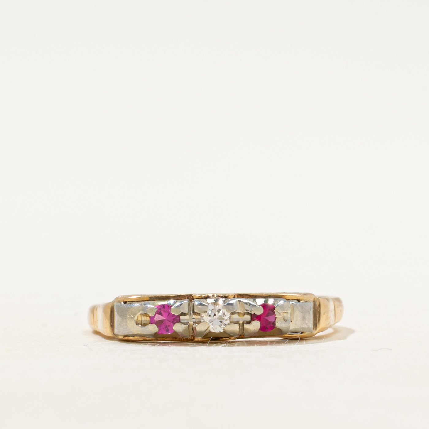 Two Tone Gold Three Stone Natural Diamond & Synthetic Ruby Ring | SZ 6