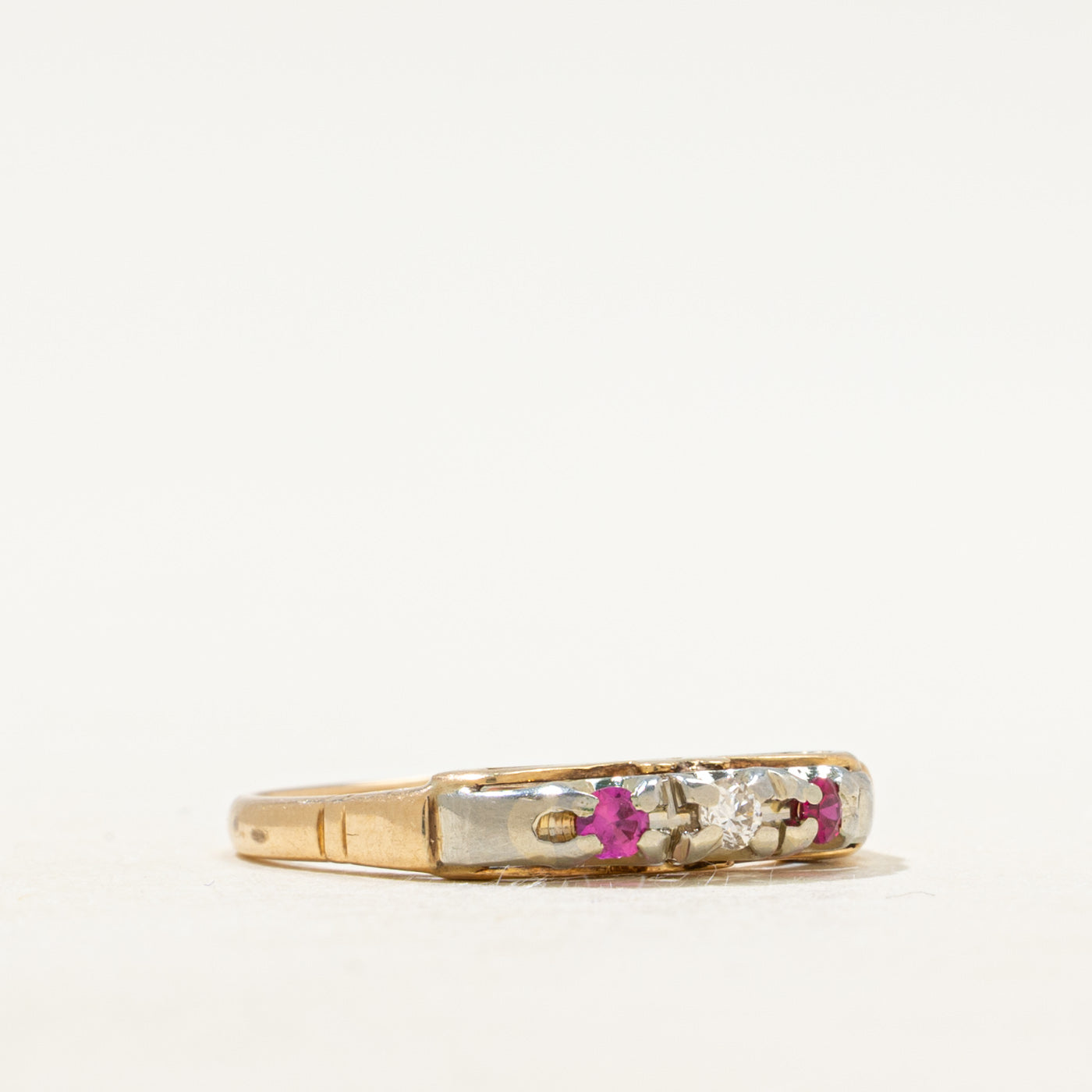 Two Tone Gold Three Stone Natural Diamond & Synthetic Ruby Ring | SZ 6