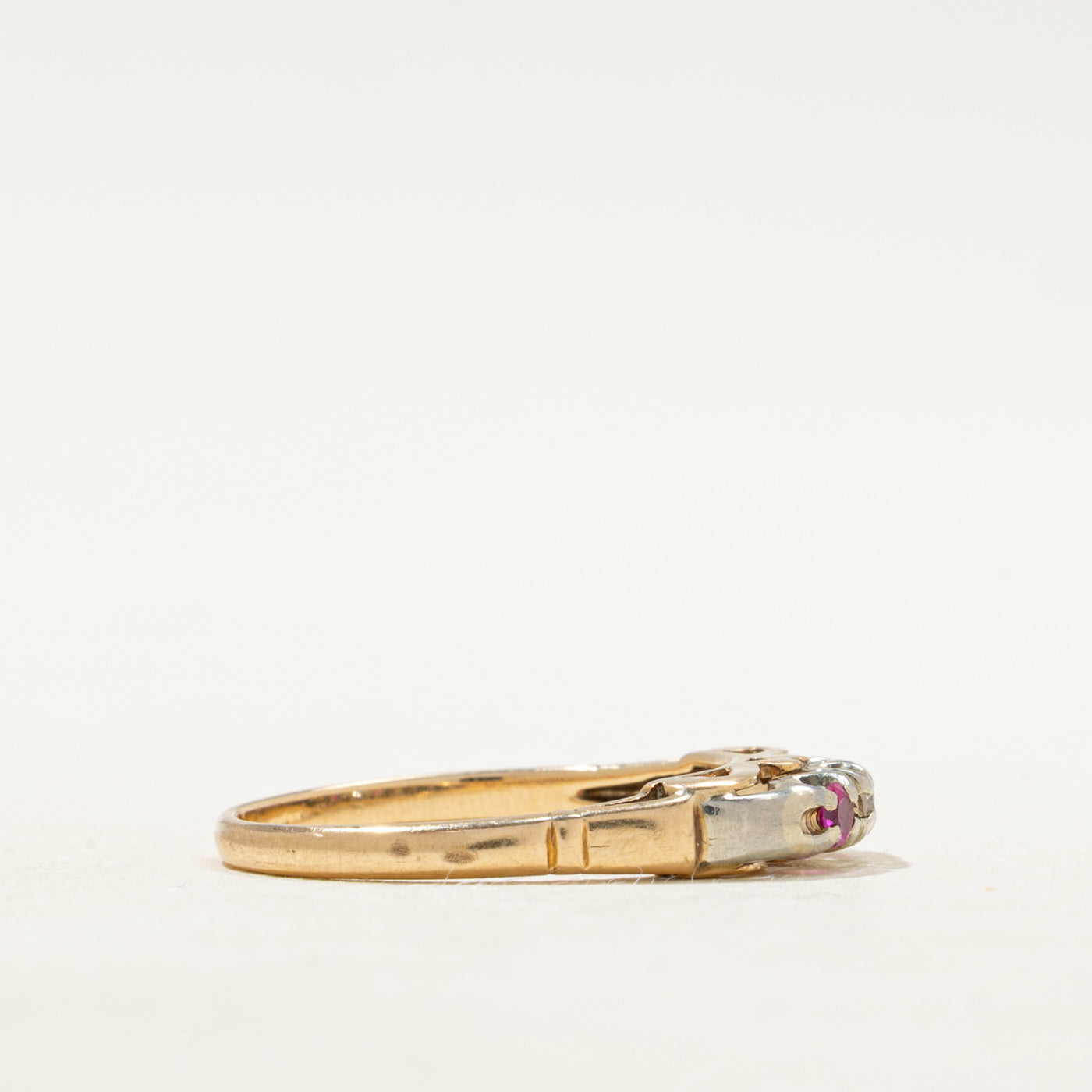 Two Tone Gold Three Stone Natural Diamond & Synthetic Ruby Ring | SZ 6