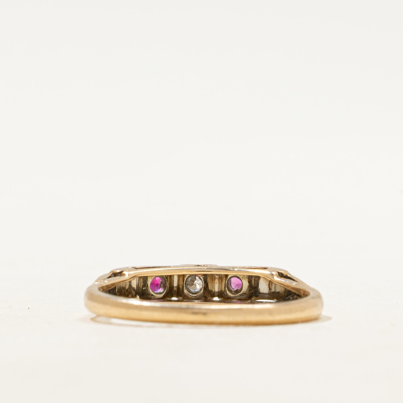 Two Tone Gold Three Stone Natural Diamond & Synthetic Ruby Ring | SZ 6