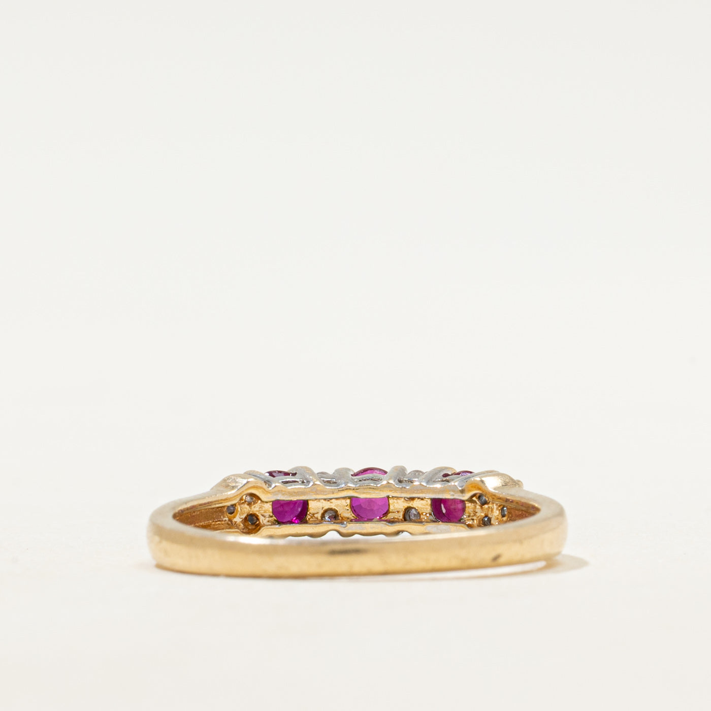 Three Stone Synthetic Ruby & Natural Diamond Ring | SZ 6.75