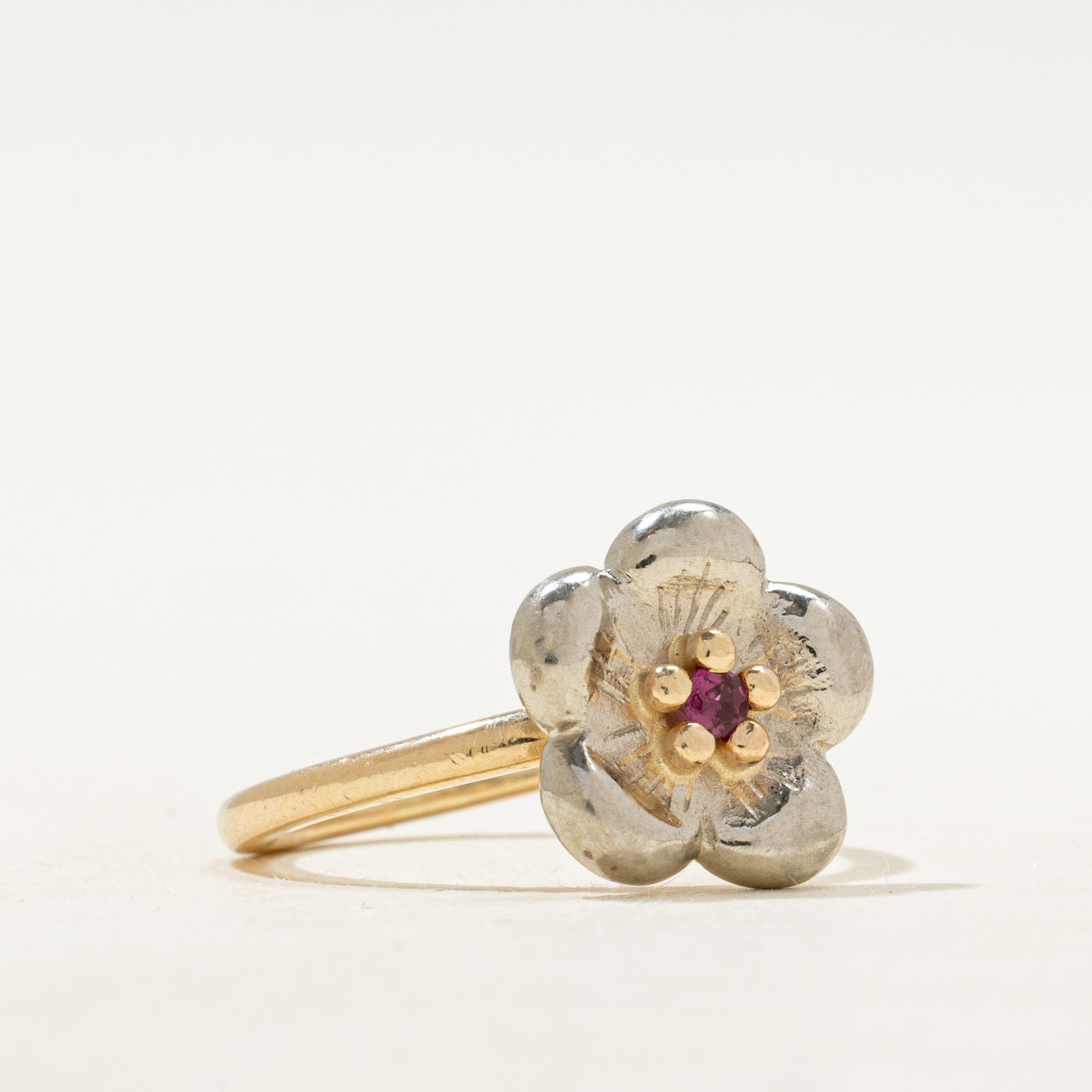 Two Tone Gold Ruby Flower Ring | SZ 6.25