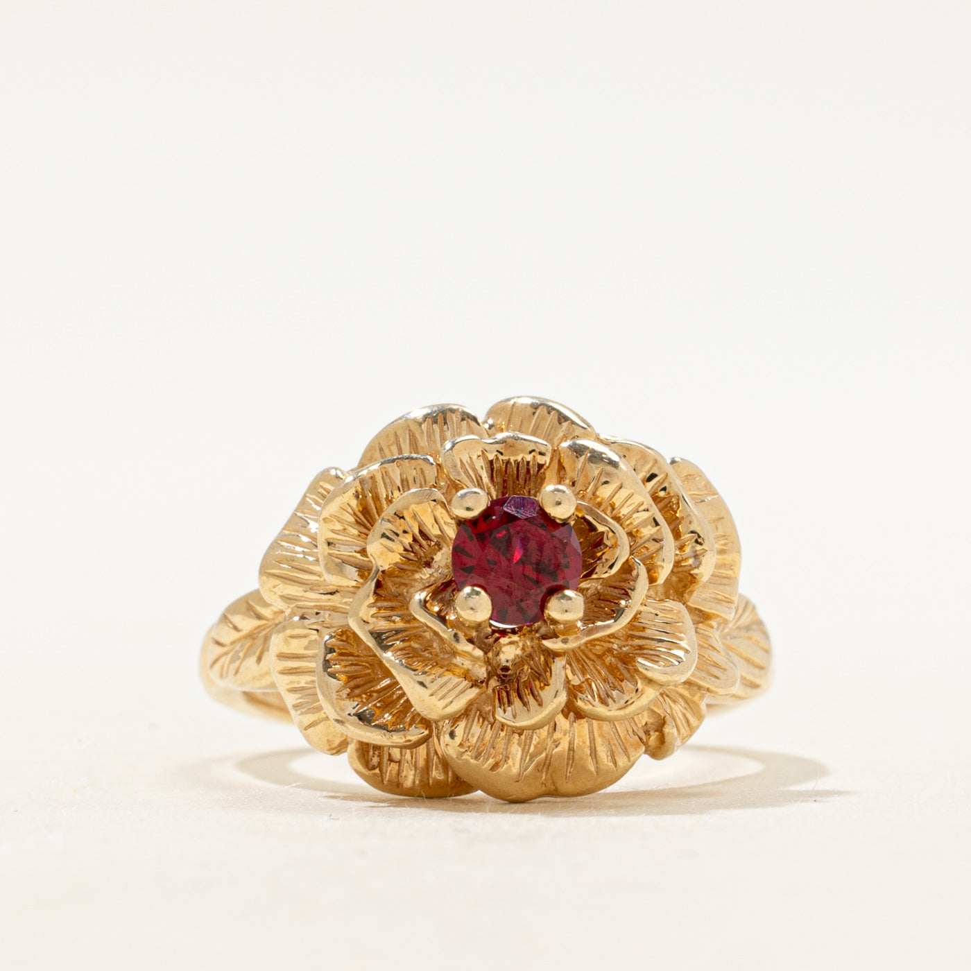 Synthetic Ruby Textured Flower Cocktail Ring | SZ 6.75