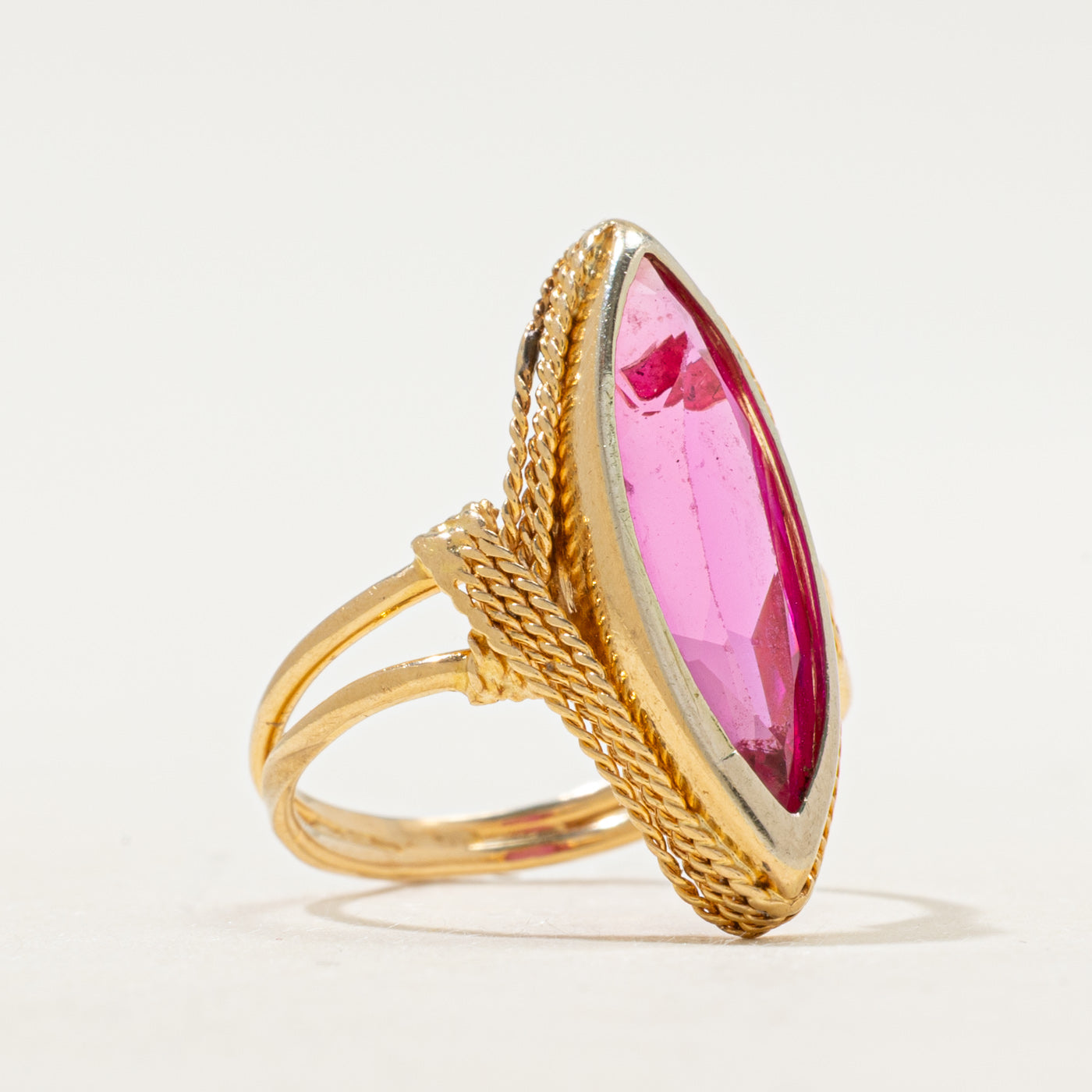 18k Bezel Set Synthetic Ruby Navette Ring | SZ 5.75