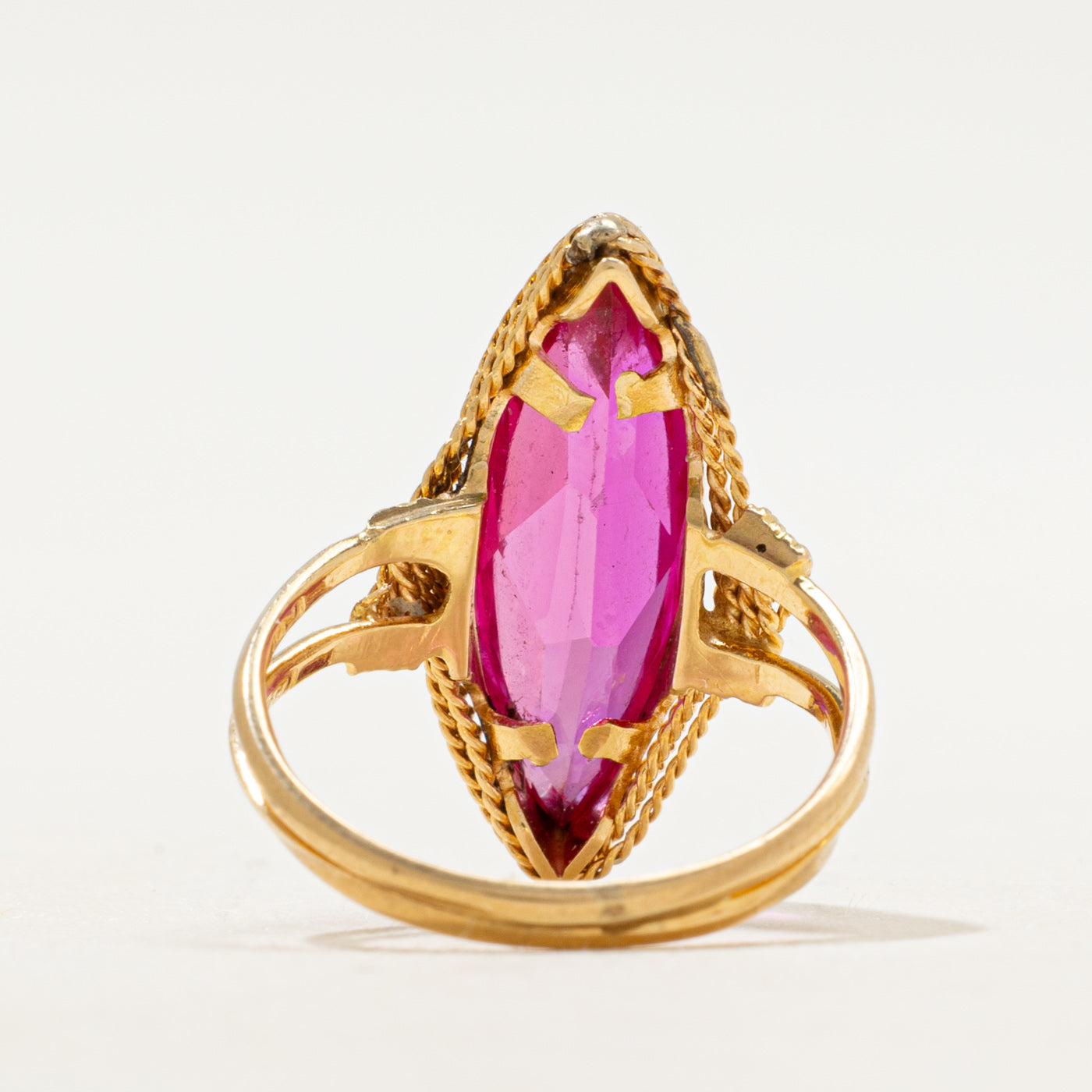 18k Bezel Set Synthetic Ruby Navette Ring | SZ 5.75