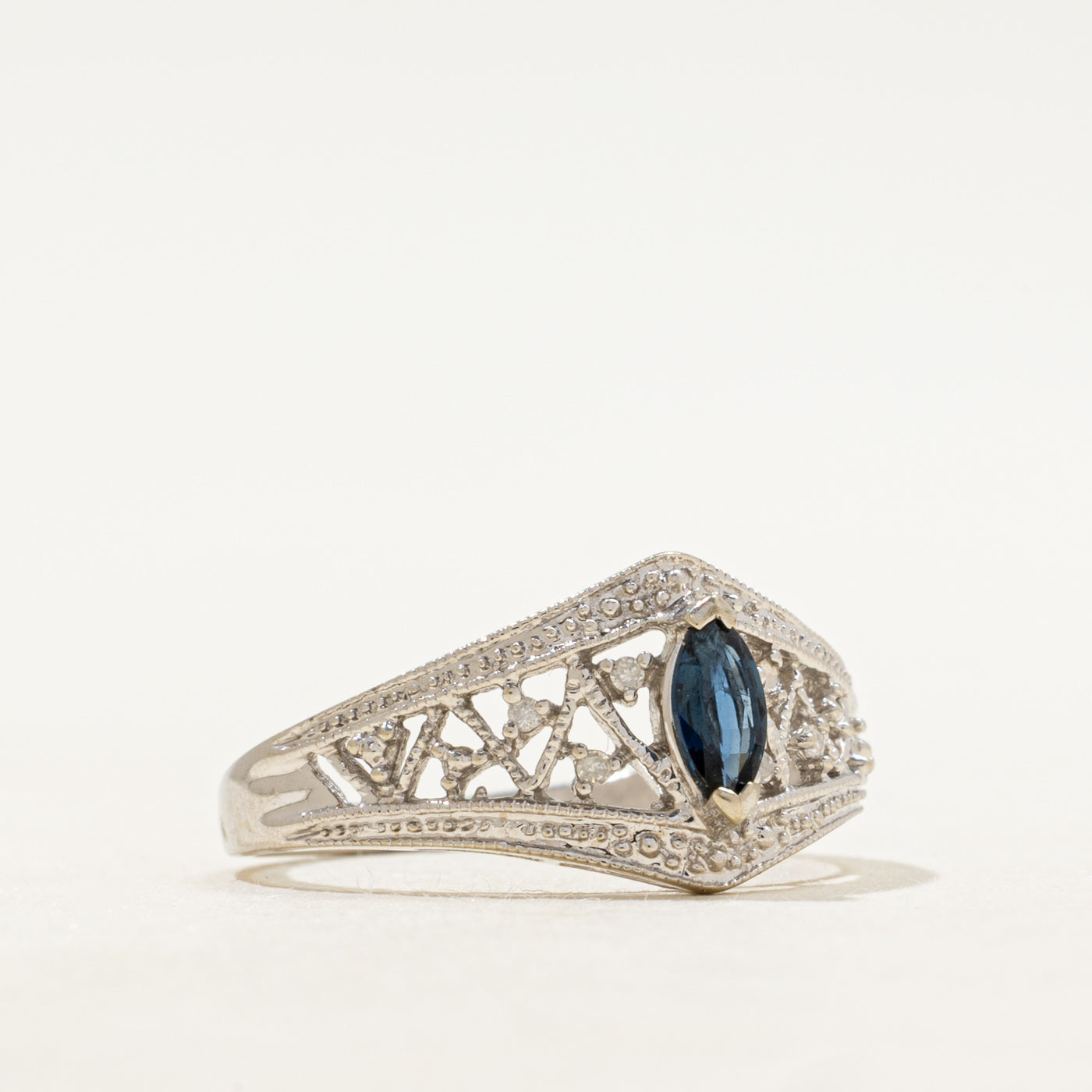 Marquise Cut Sapphire & Diamond Ornate Openwork Ring | SZ 6.75
