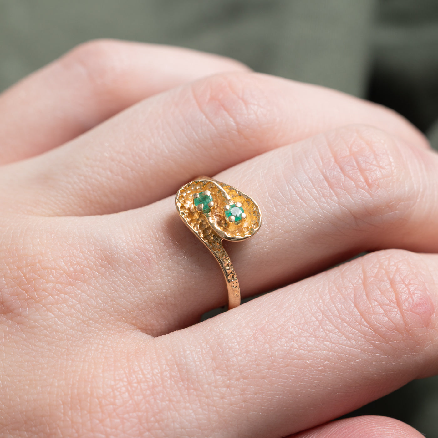 Two Stone Emerald Textured Bypass Ring | 0.06ctw | SZ 6.75 |