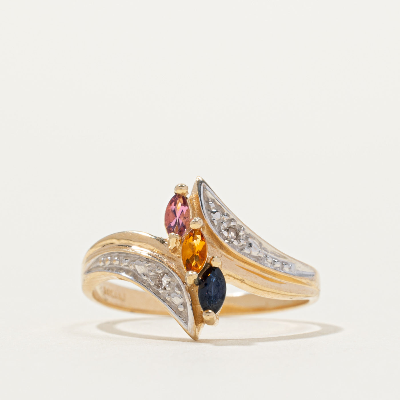 14k Three Stone & Diamond Accented Bypass Ring | SZ 6.75