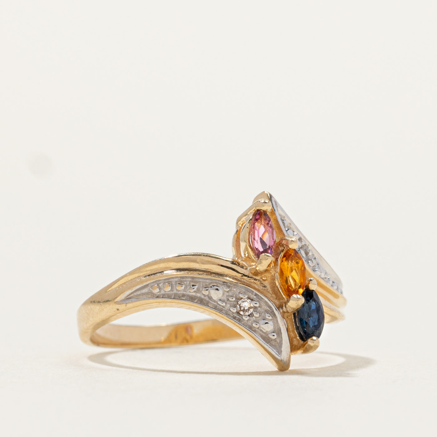 14k Three Stone & Diamond Accented Bypass Ring | SZ 6.75