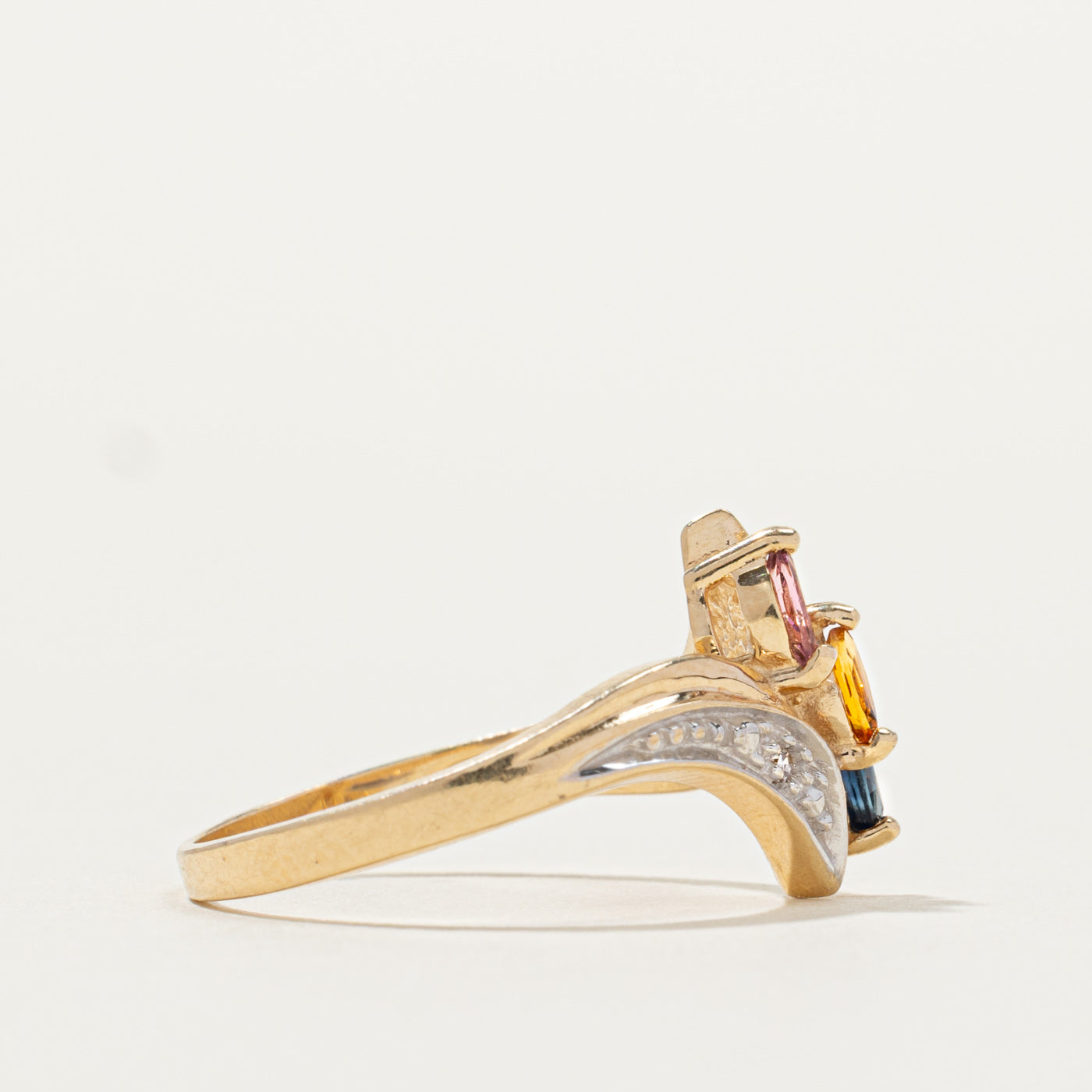 14k Three Stone & Diamond Accented Bypass Ring | SZ 6.75