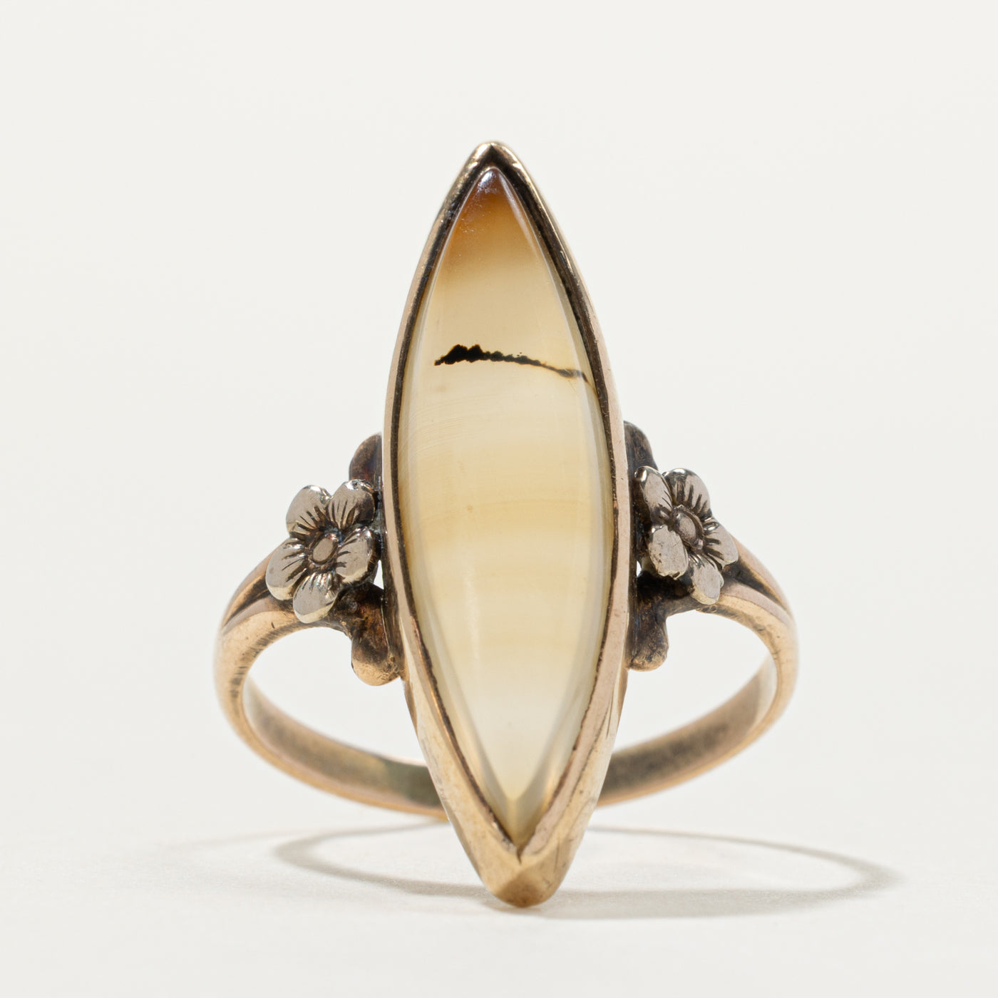 Bezel Set Agate Floral Engraved Navette Ring | SZ 7.5
