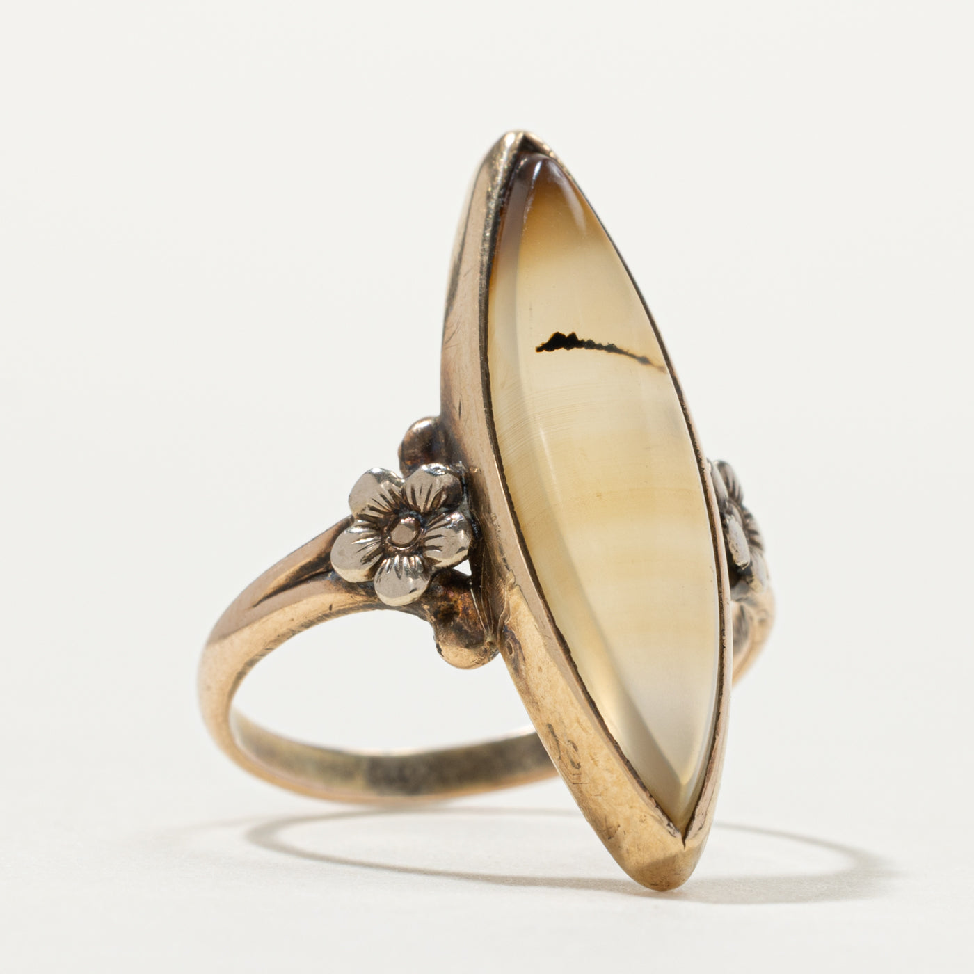 Bezel Set Agate Floral Engraved Navette Ring | SZ 7.5