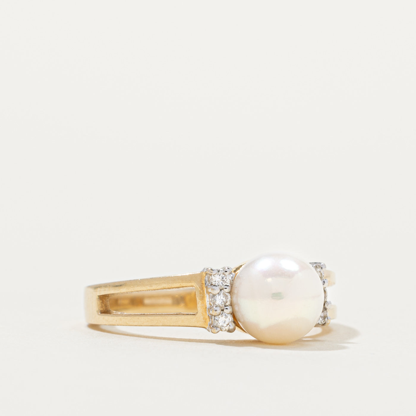 14k Pearl & Diamond Accented Open Shank Ring | SZ 6.5