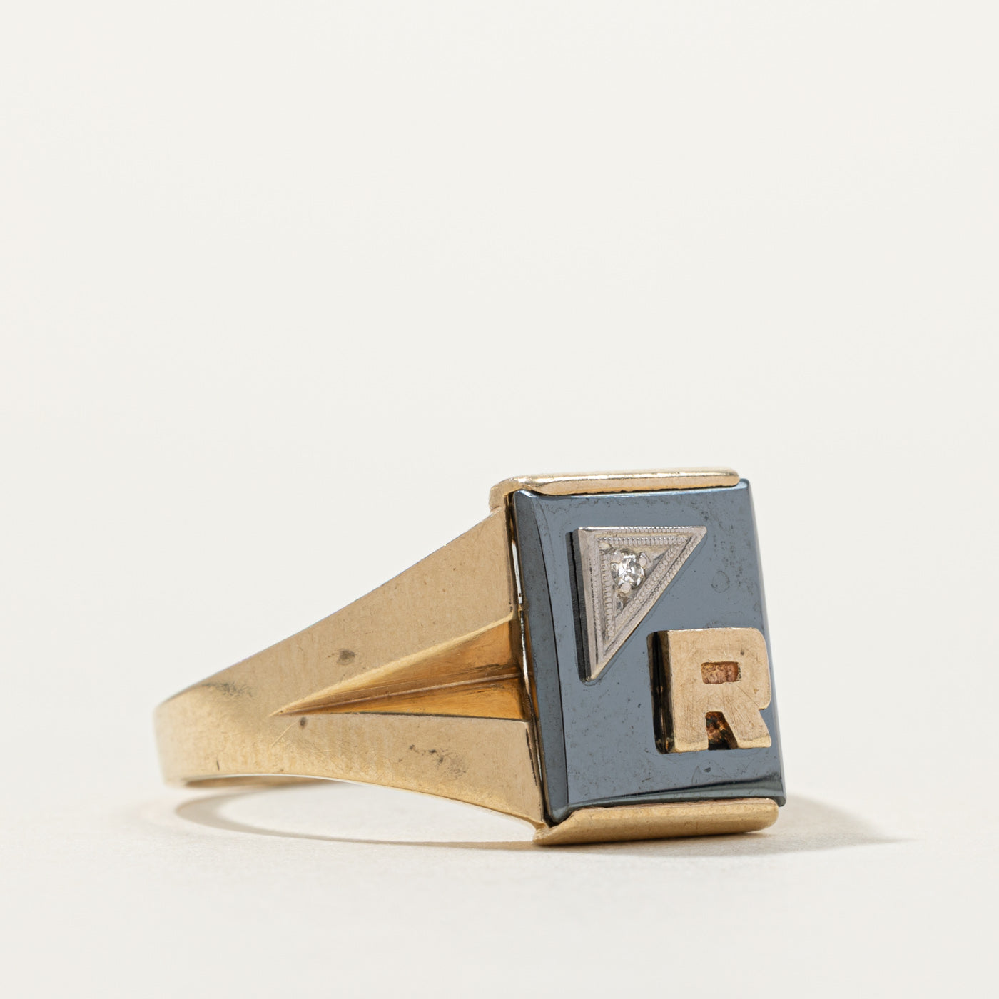 10k Hematite & Diamond Accented "R" Initial Signet Ring | SZ 11