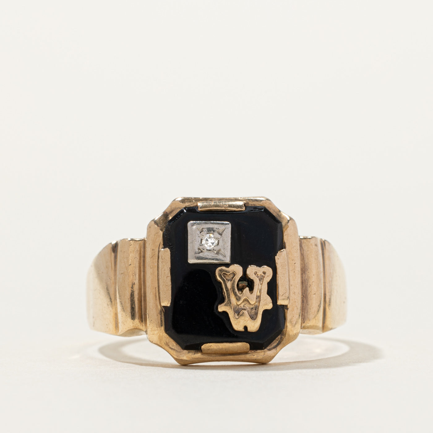 10k Onyx & Diamond "W" Initial Ring | SZ 12