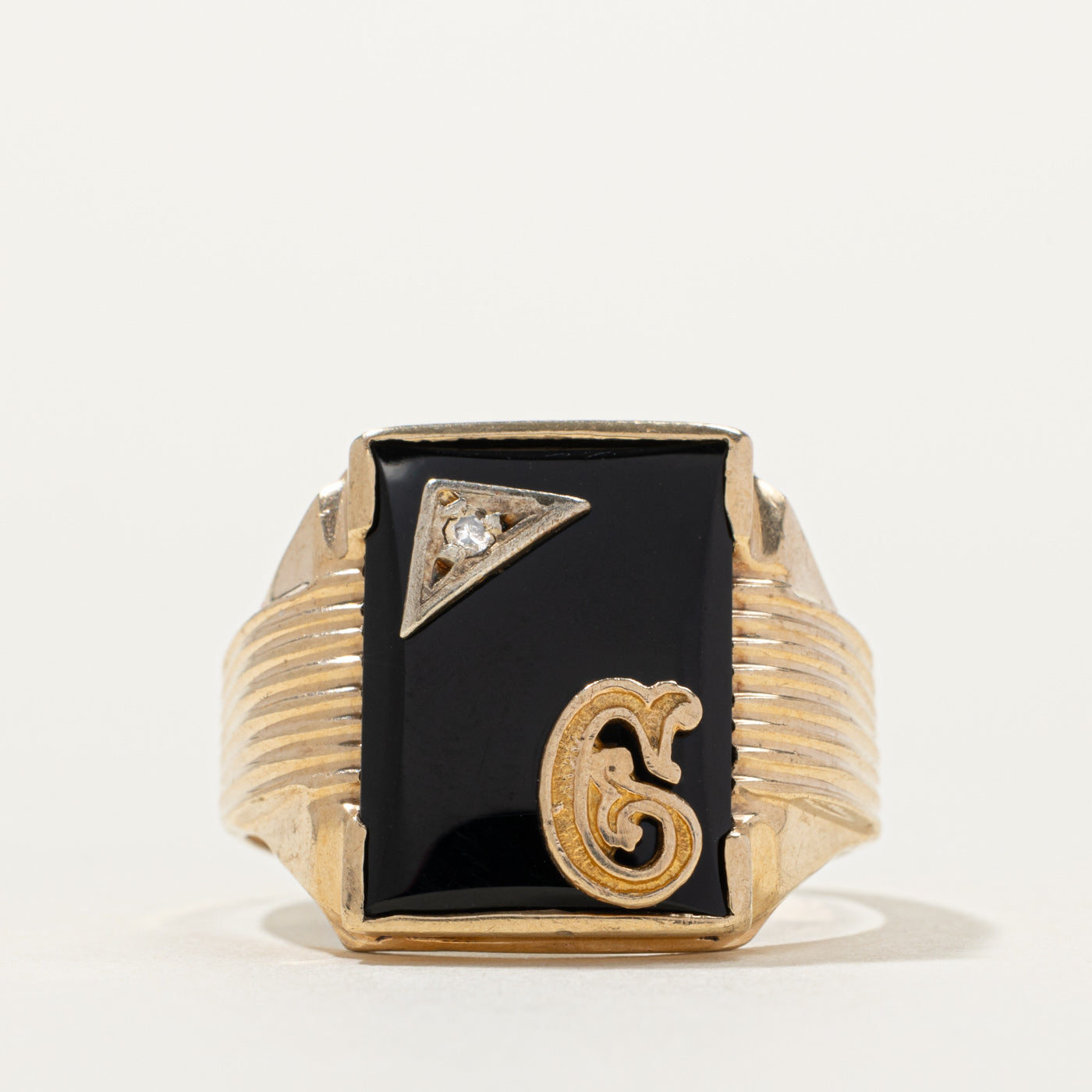 10k Onyx & Diamond "G" Initial Grooved Signet Ring | SZ 10.25
