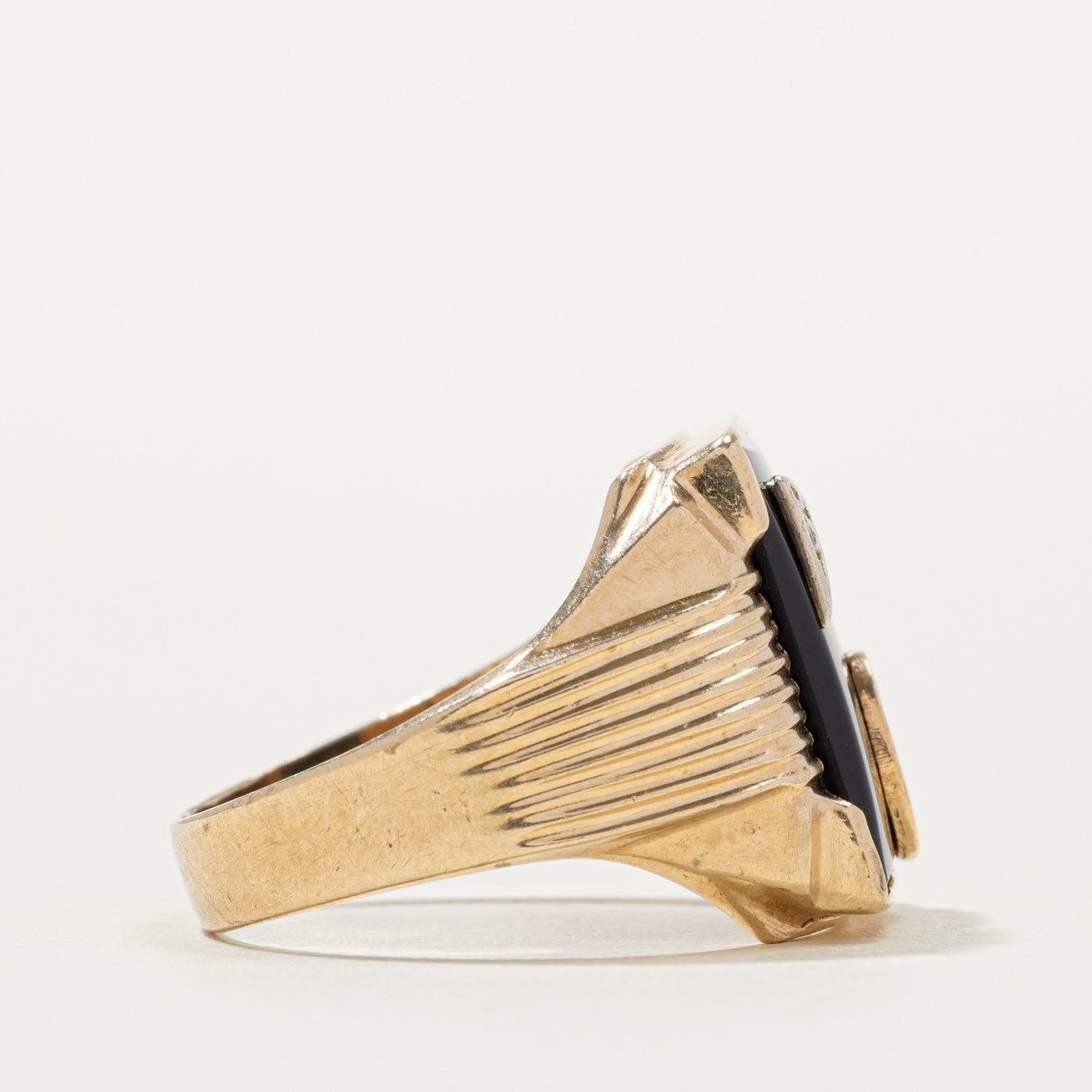 10k Onyx & Diamond "G" Initial Grooved Signet Ring | SZ 10.25