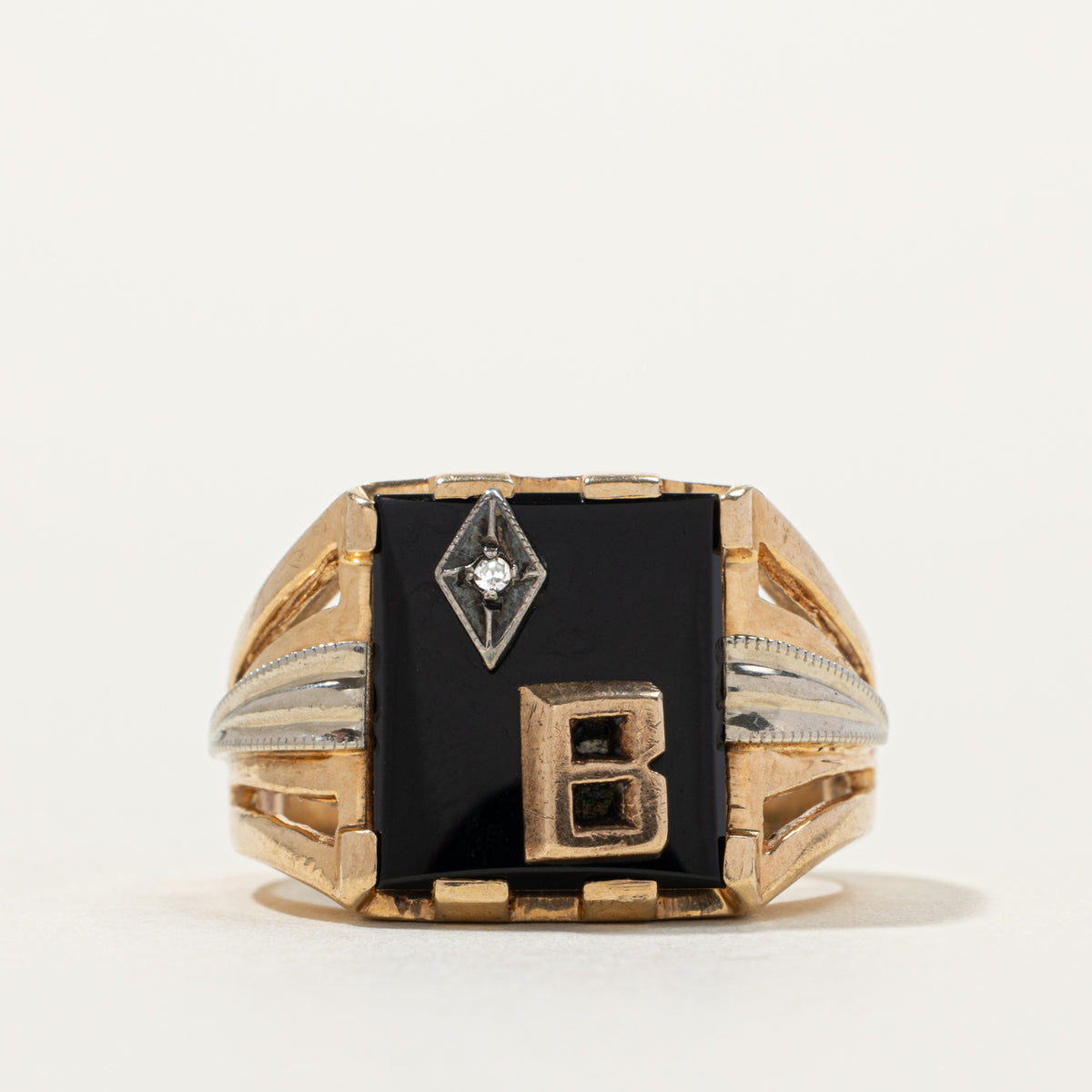 10k Onyx & Diamond "B" Initial Signet Ring | SZ 9