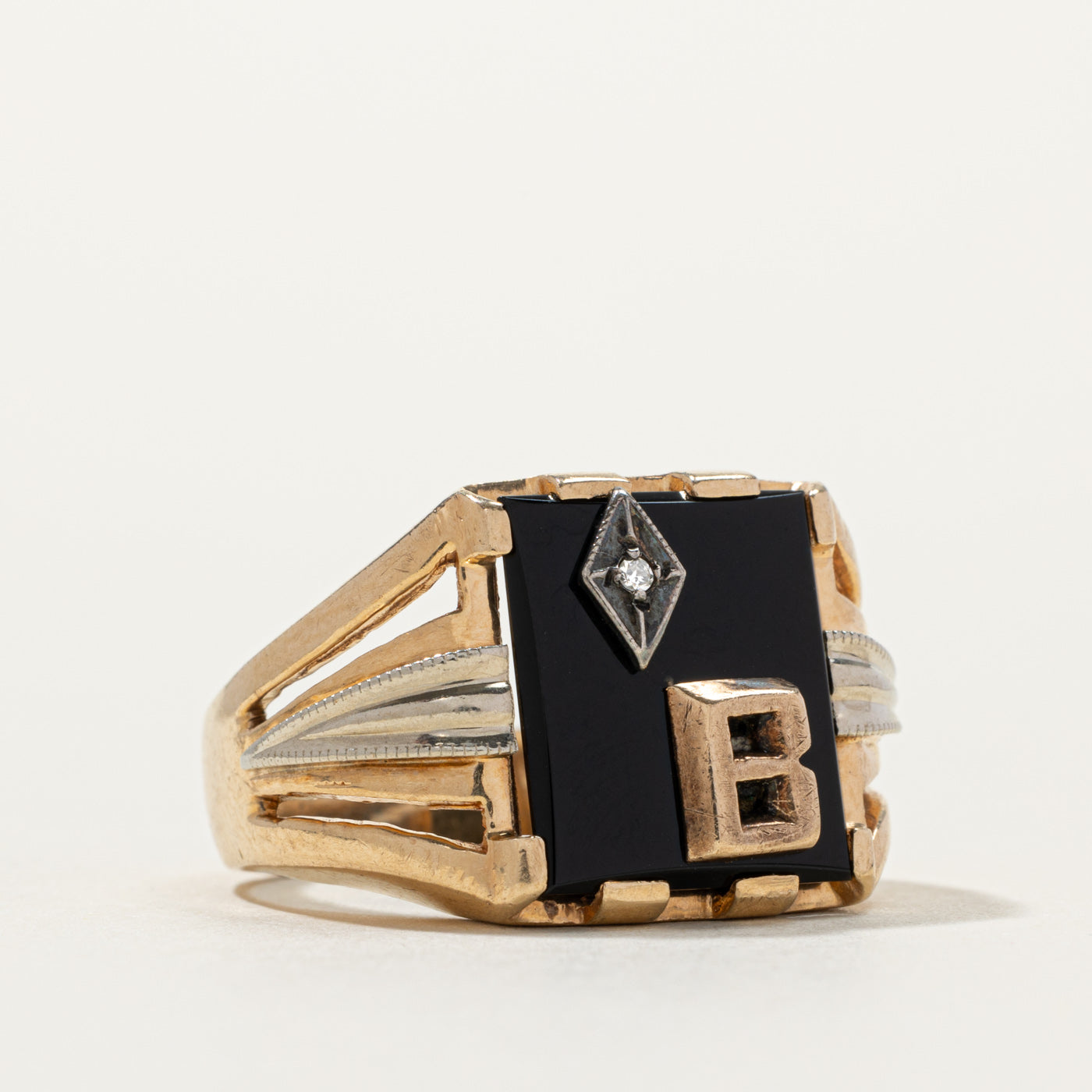 10k Onyx & Diamond "B" Initial Signet Ring | SZ 9