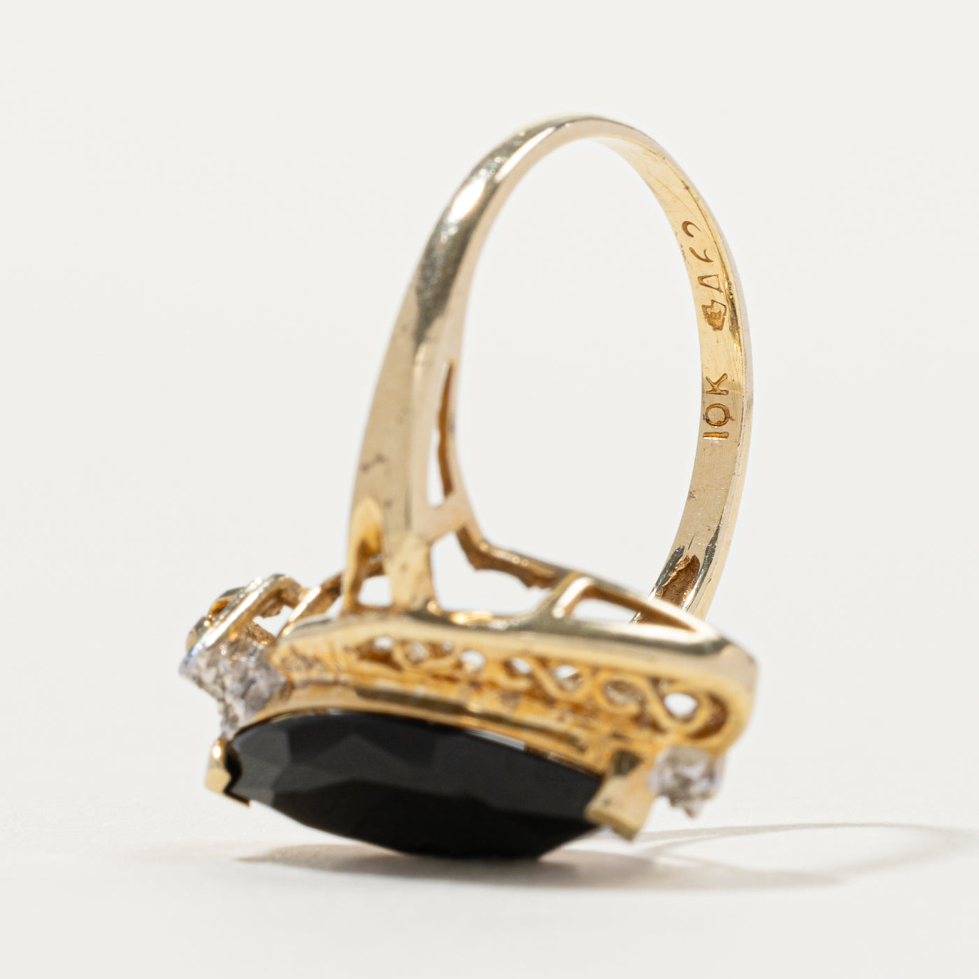 10k Marquise Cut Onyx & Diamond Accented Ring | SZ 6