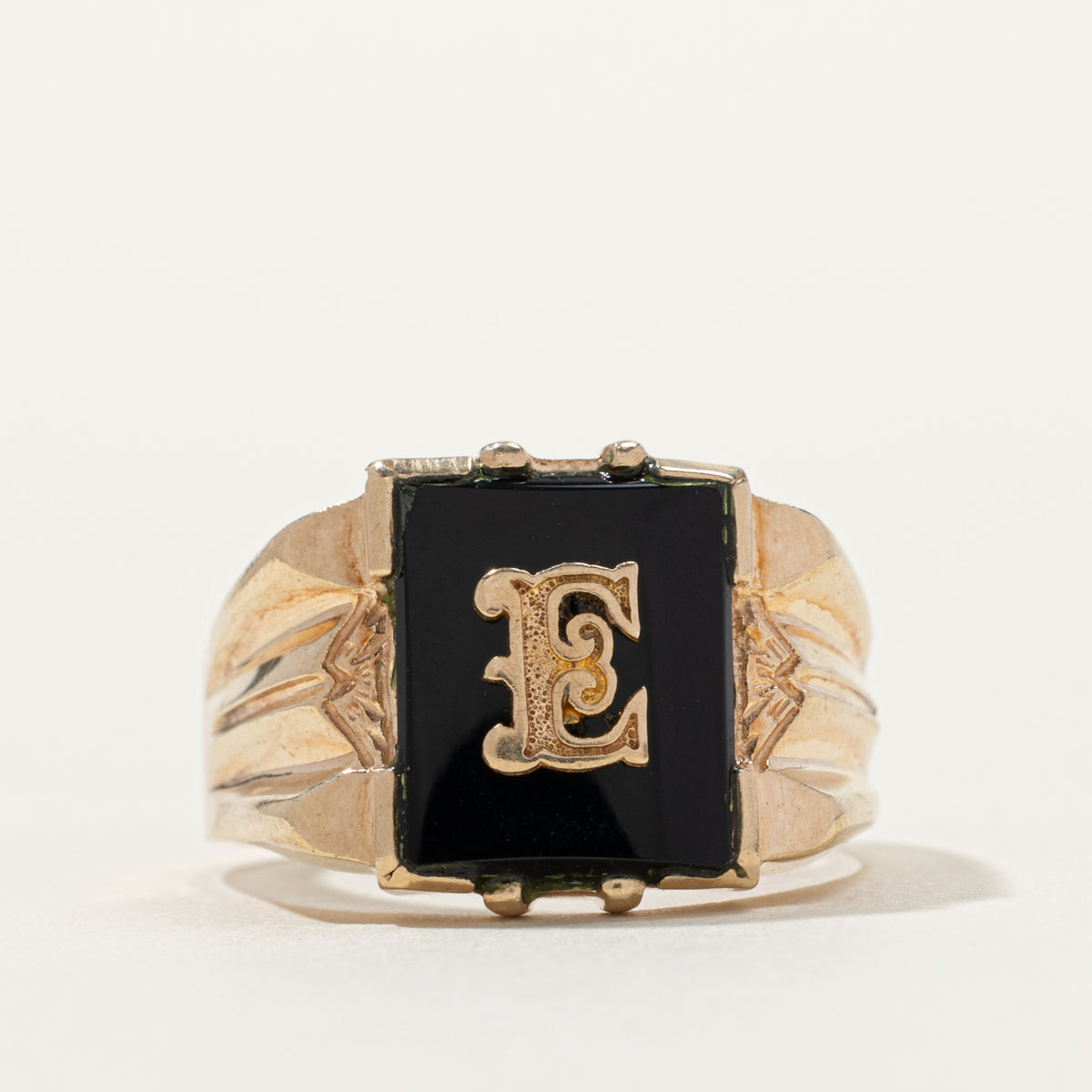 10k Onyx "E" Initial Grooved Signet Ring | SZ 9