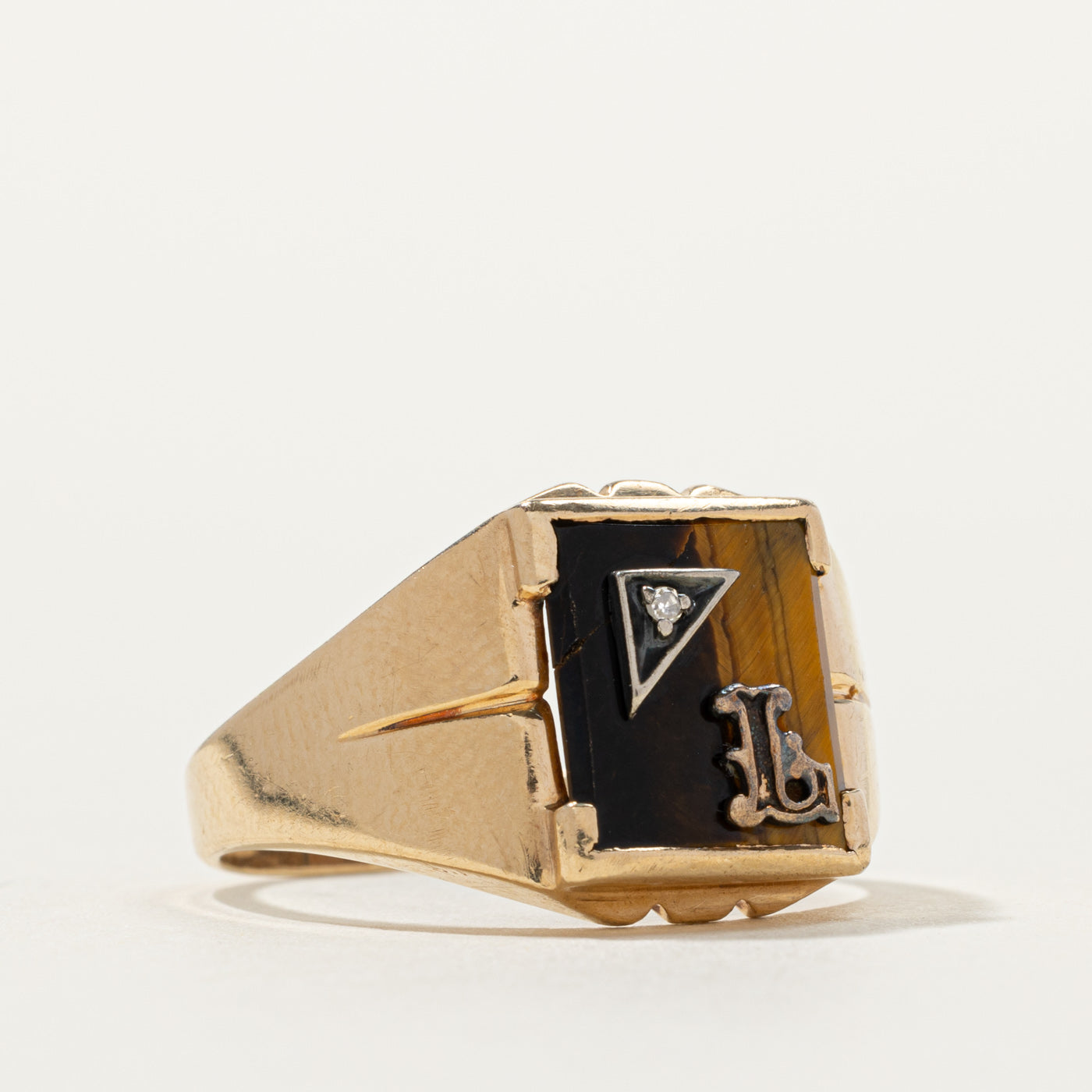 10k Tiger's Eye "L" Initial Signet Ring | SZ 11.25