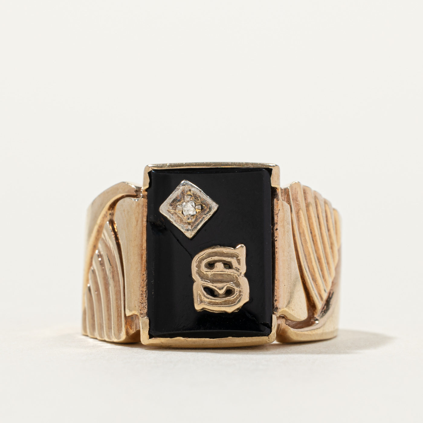 10k Onyx & Diamond "S" Initial Ring | SZ 8.75