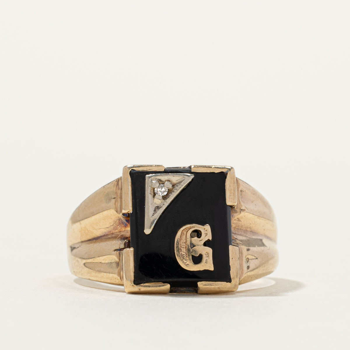 10k Onyx & Diamond "G" Initial Signet Ring | SZ 10