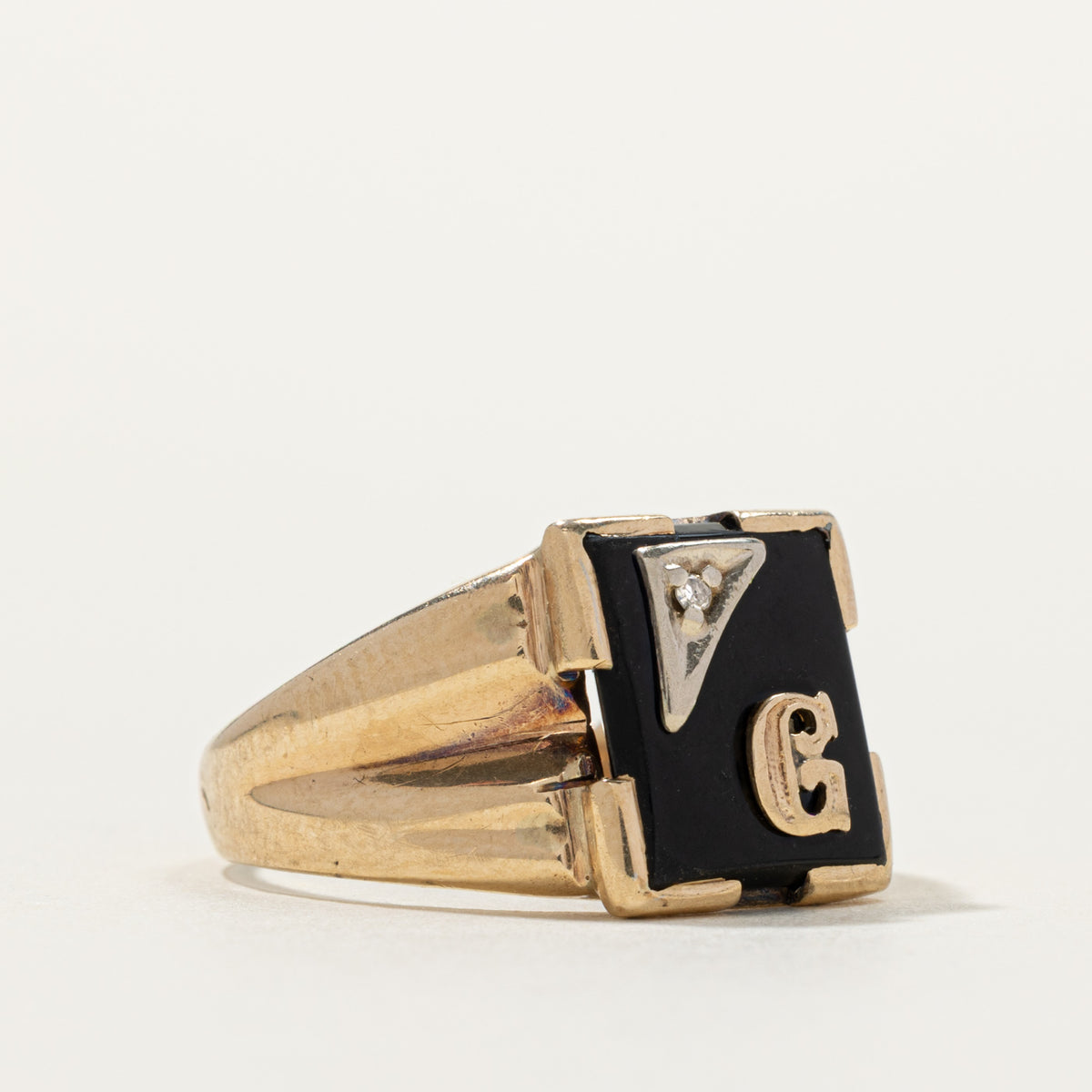 10k Onyx & Diamond "G" Initial Signet Ring | SZ 10