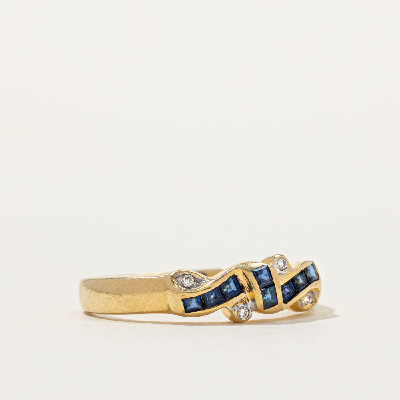 Channel Set Sapphire & Diamond Wave Design Ring | 0.08ctw, 0.04ctw | SZ 5.75