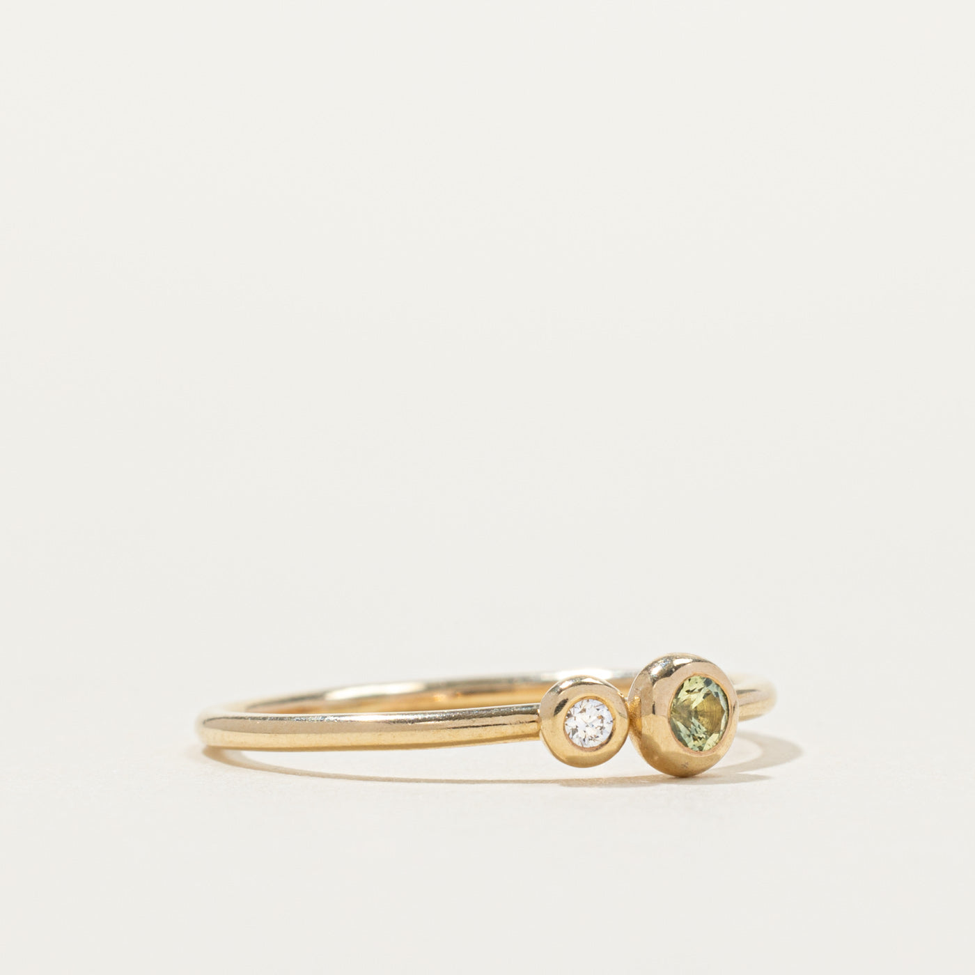 14k Two Stone Bezel Set Peridot & Diamond Ring | SZ 7