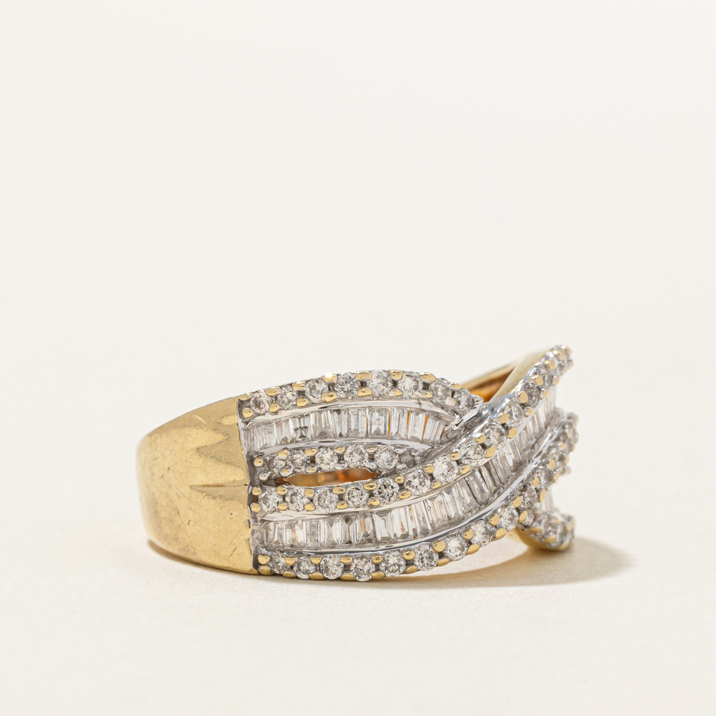 10K Multi Cut Diamond Multi Row Cross Over Ring | 1.28ctw | SZ 8.0