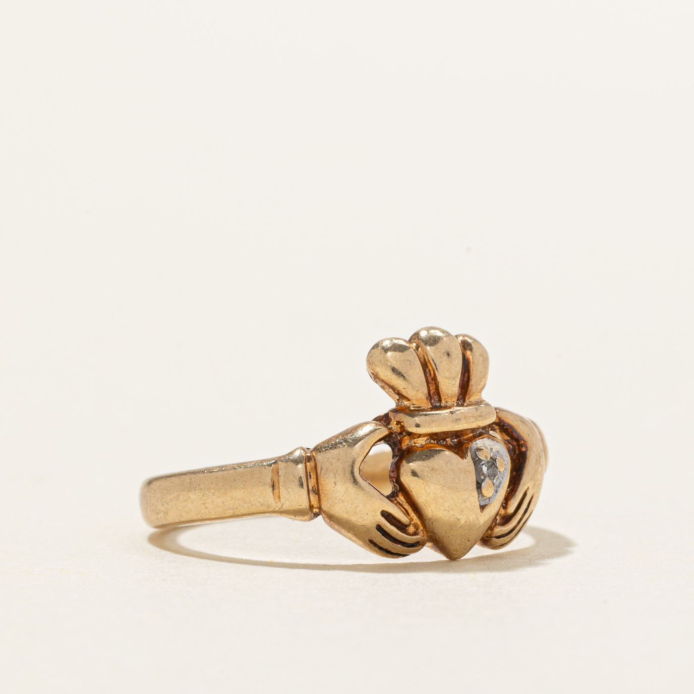 10K Yellow Gold Diamond Claddagh Ring | SZ 3.5