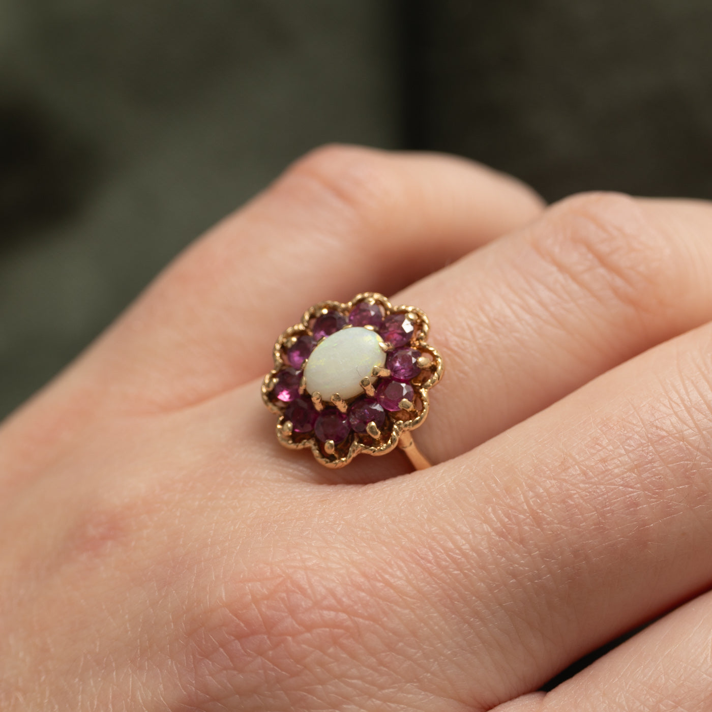 10k Opal & Ruby Floral Halo Ring | 0.82ctw, 0.61ct | SZ 5.75