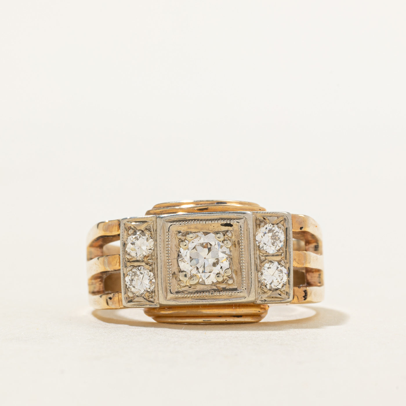 10k Diamond Geometric Grooved Ring | 0.39ct VS1 H, 0.35ctw | SZ 10.25