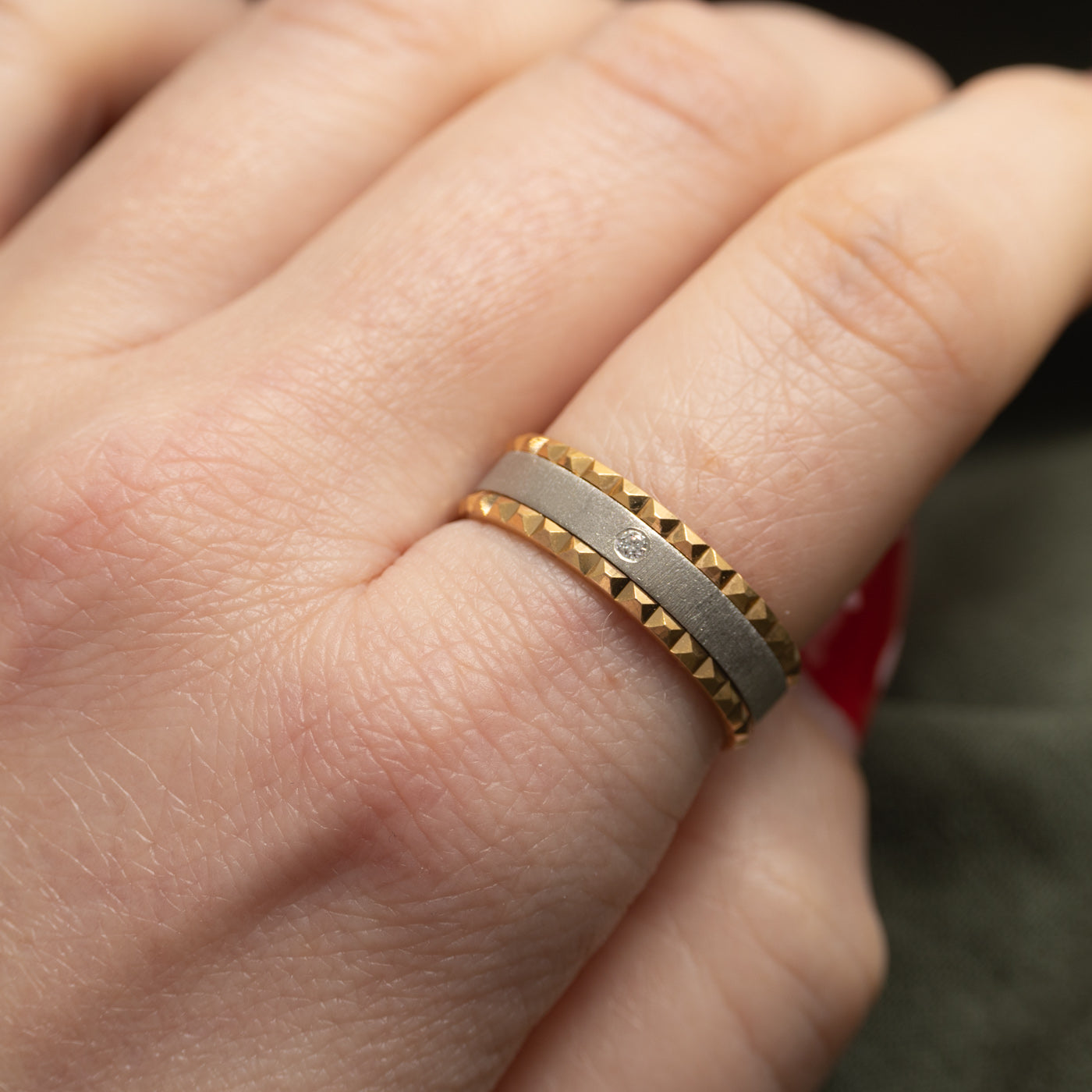 18k Two Tone Gold Diamond Textured Edge Band | 0.02ctw | SZ 9.5